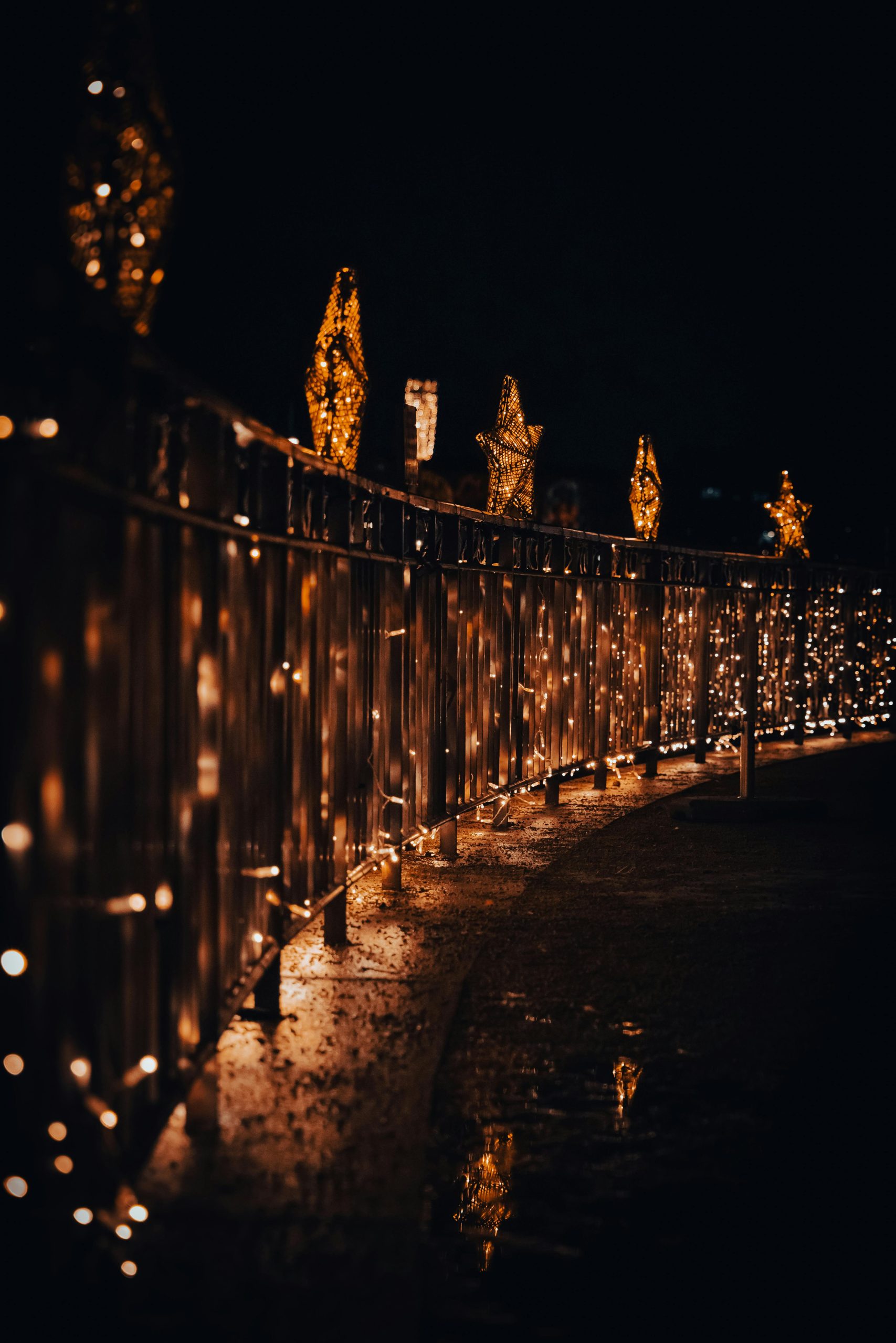 A beautifully illuminated fence decorated with Christmas lights and star ornaments under a dark night sky.