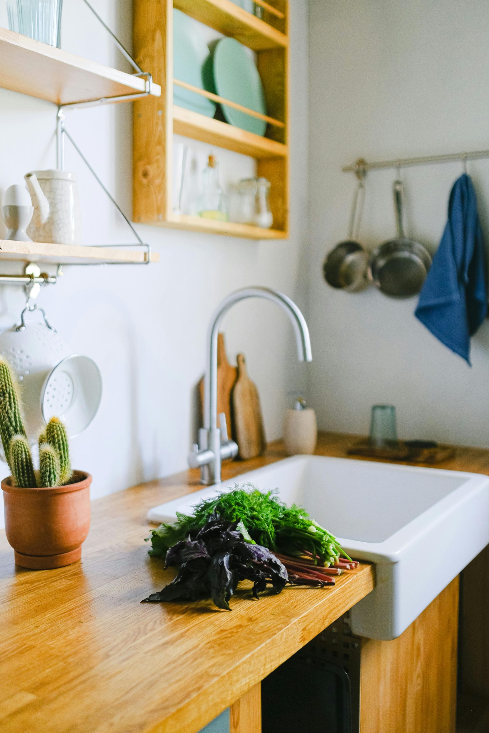 Bright kitchen interior featuring fresh herbs on a wooden countertop next to a farmhouse sink.