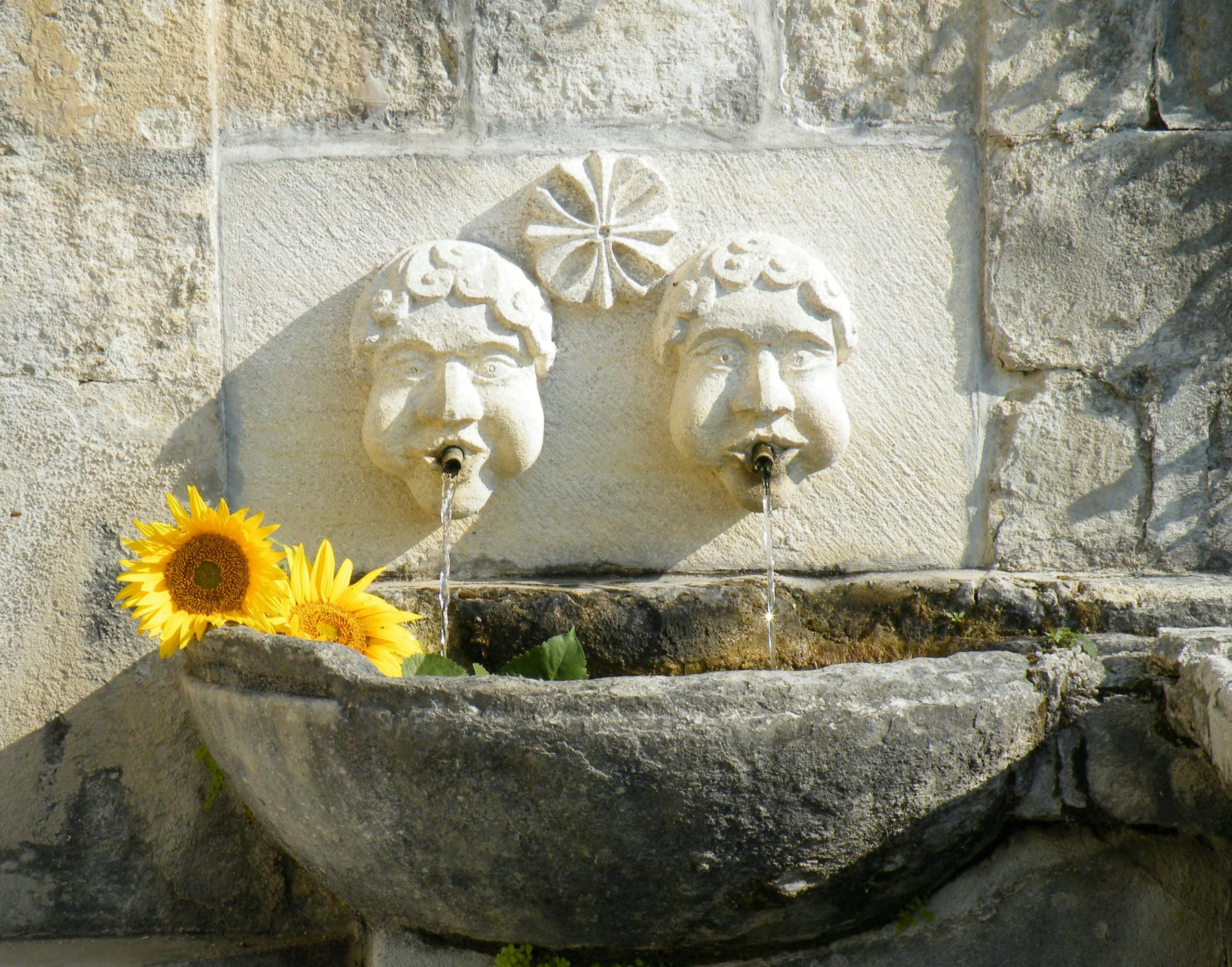 Charming stone fountain with sunflower accents in Aix-en-Provence, France.