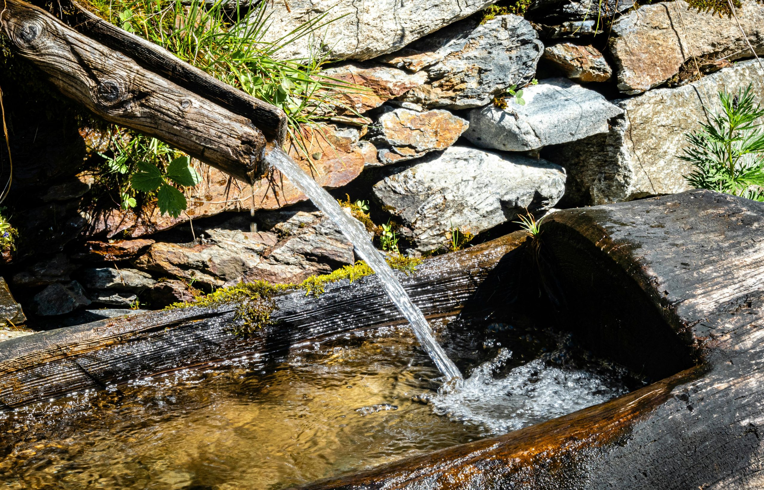 Clear water flows from a rustic wooden spout into a basin, set against a stone wall.