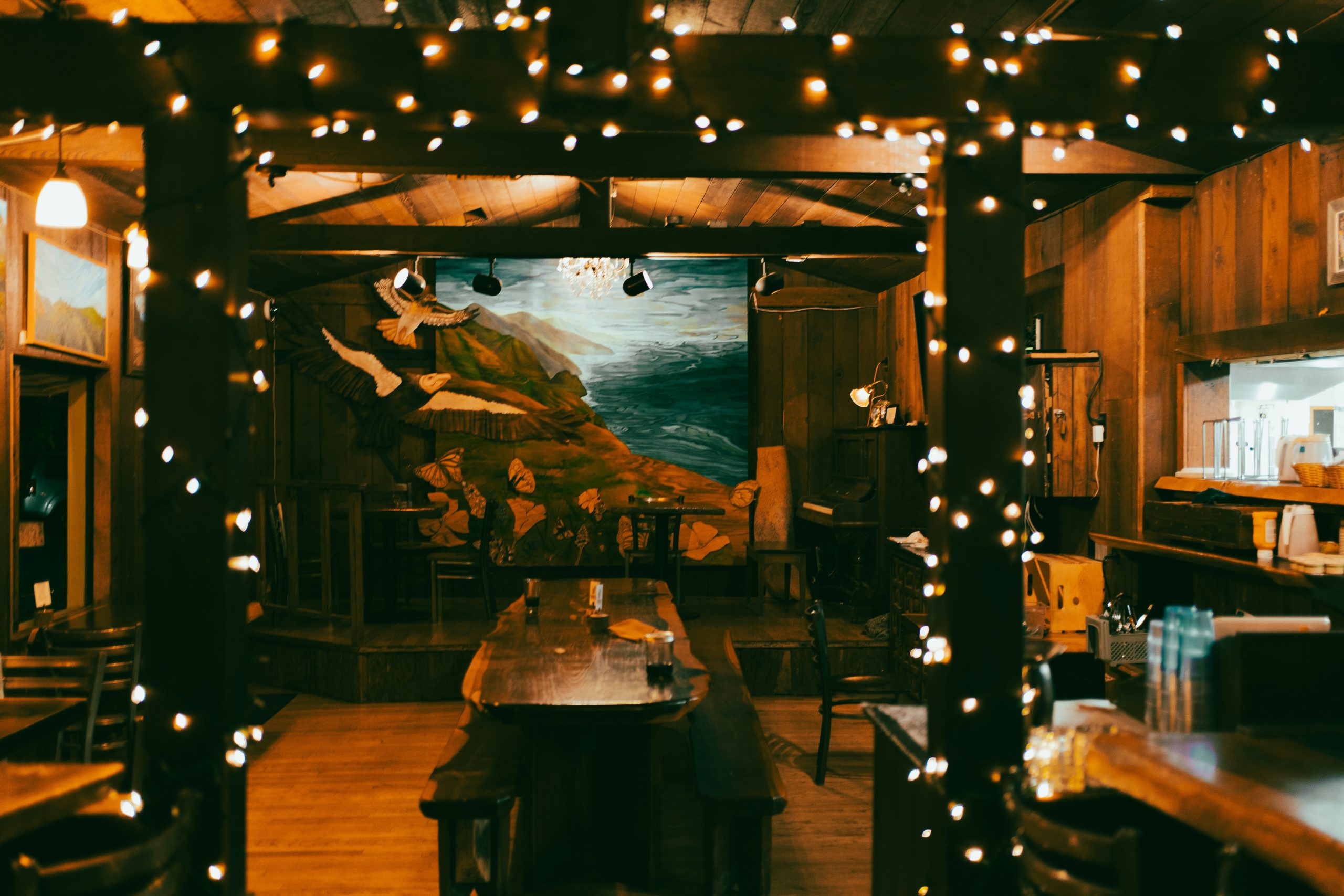 Cozy restaurant interior decorated with string lights.