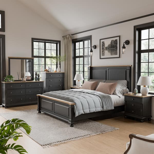 Furniture of America Windcrest 6-Piece Farmhouse Black Wood King Bedroom Set With USB Ports 79009BK-EK-6PC2 - The Home Depot