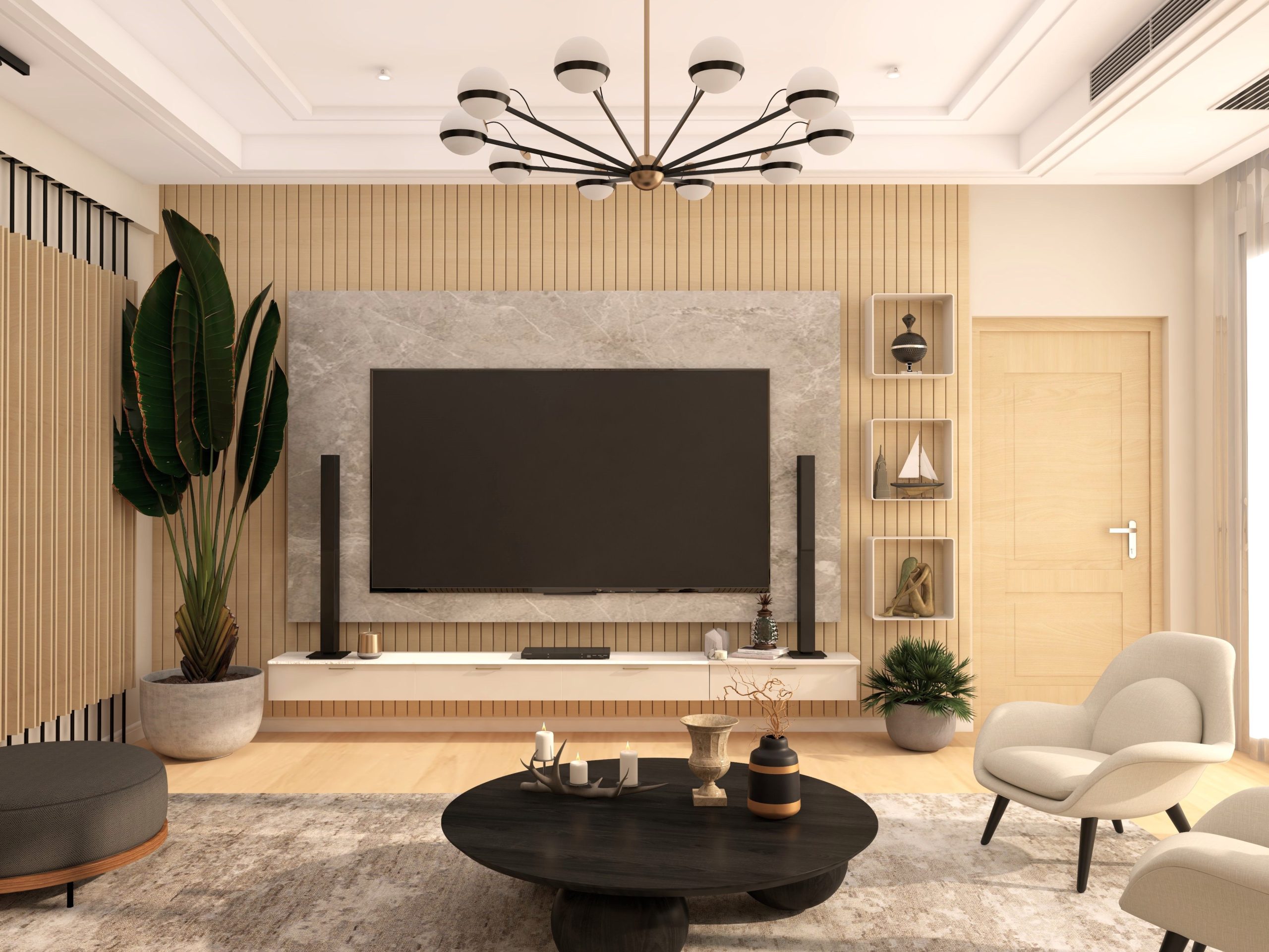 Japandi themed TV unit with beige rafter wall paneling