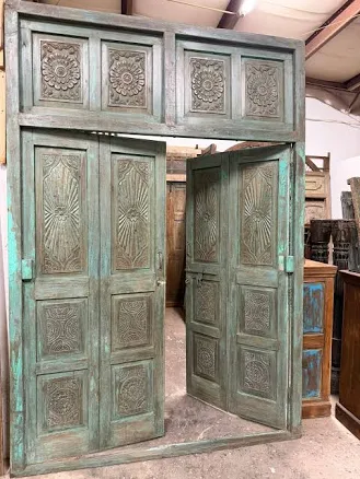 Antique Green Carved Double Door Hing...