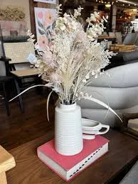 Tall textured white ceramic vase w/ p...