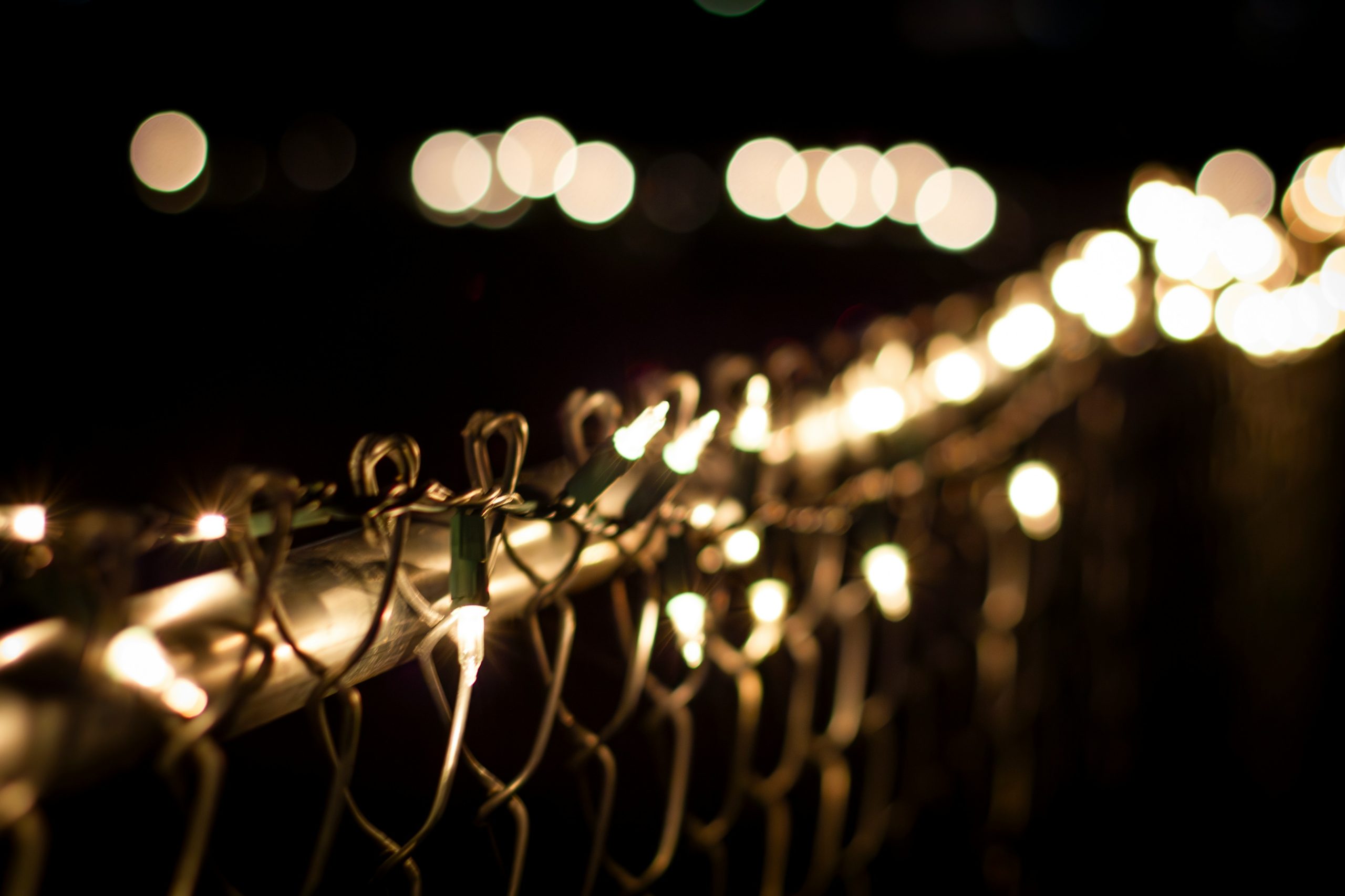Warm Christmas lights strung on the top of a metal fence