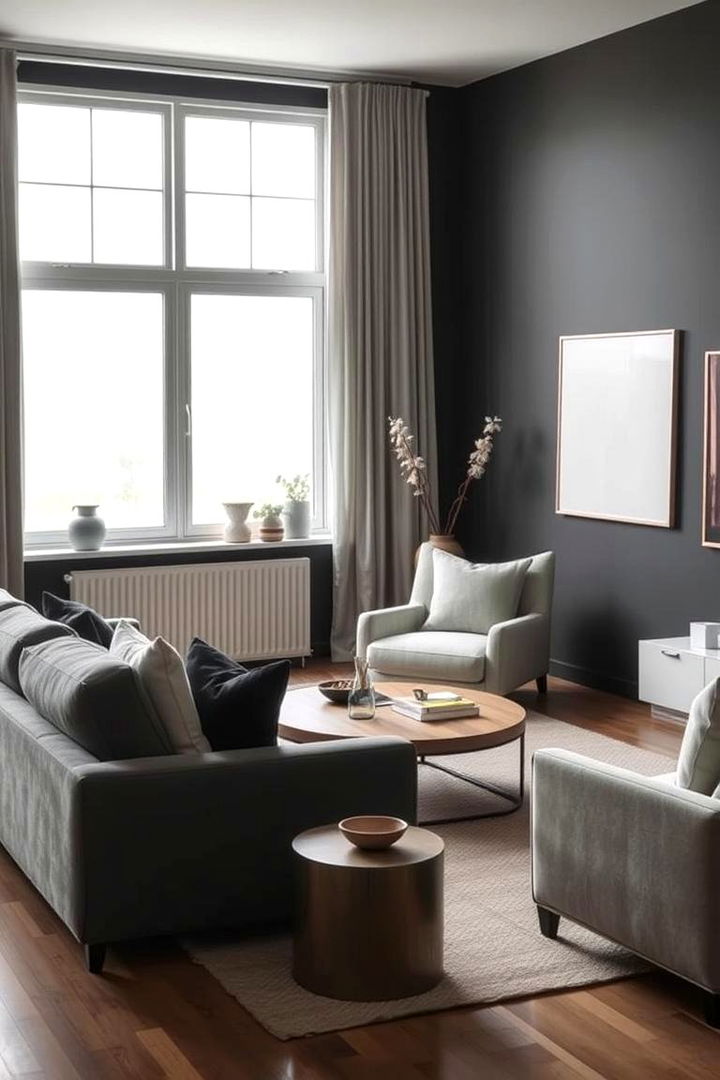 22 Bold Living Room Designs with Dark Grey Walls & Contrasting Accents - Lost At E Minor