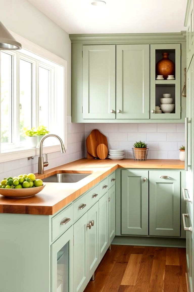 24 Sage Green Kitchen Cabinets With Butcher Block Countertops