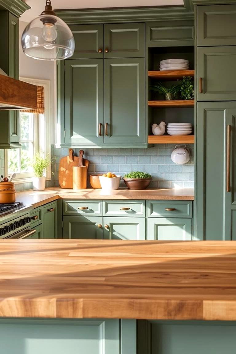 24 Sage Green Kitchen Cabinets With Butcher Block Countertops