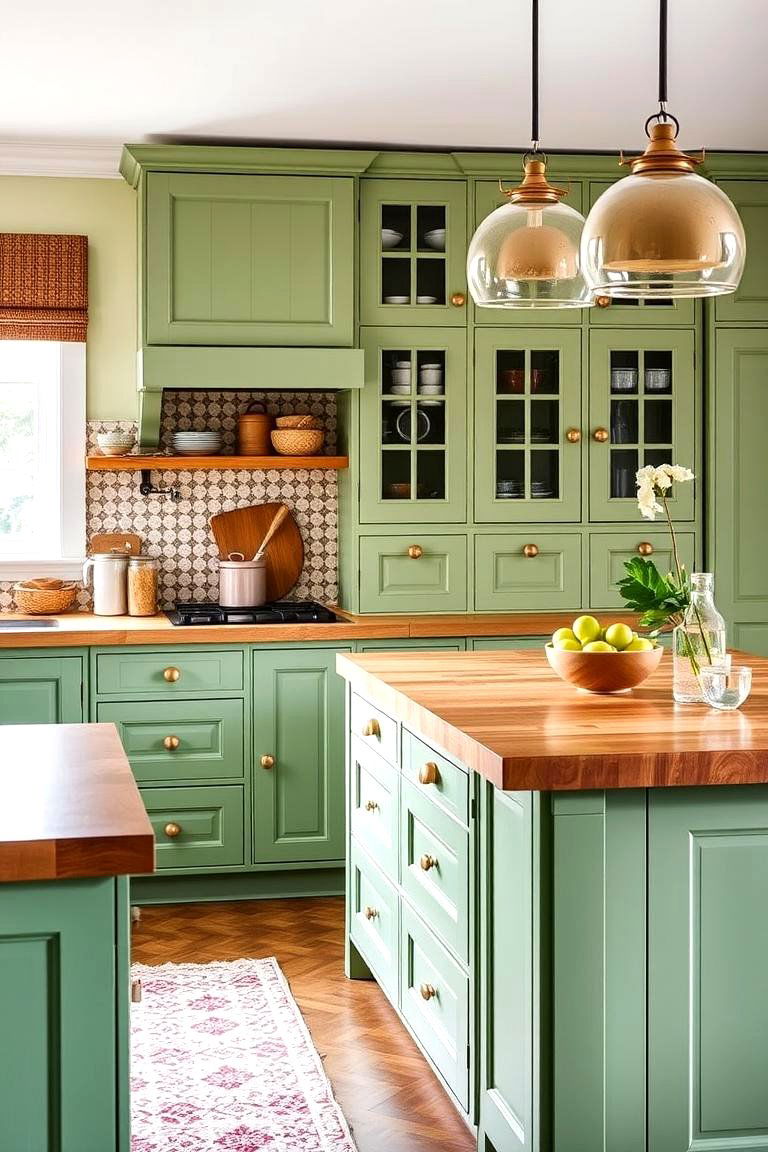 24 Sage Green Kitchen Cabinets With Butcher Block Countertops