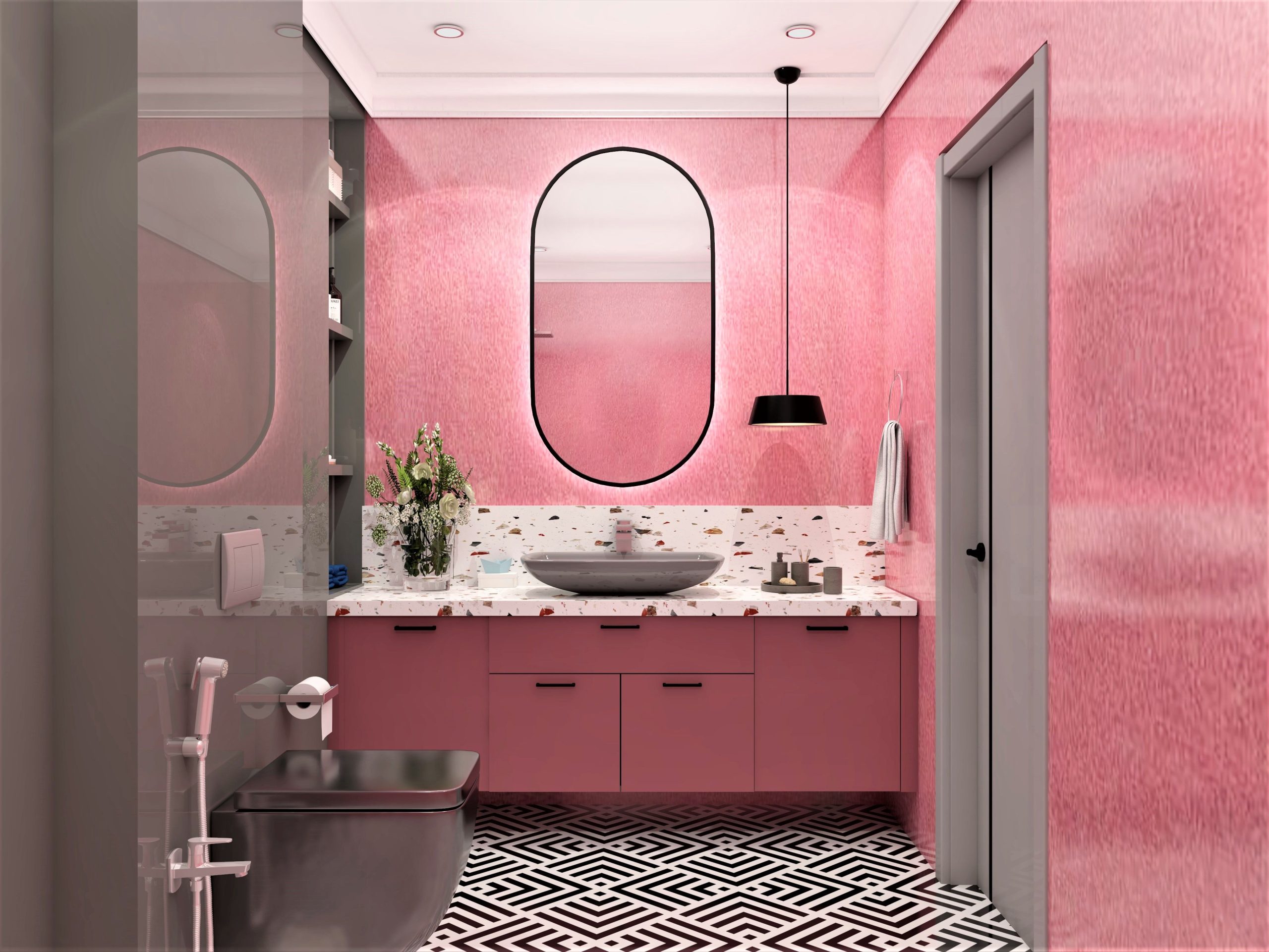 A bohemian Themed Pink Bathroom with Vanity Storage & Designer Tiles