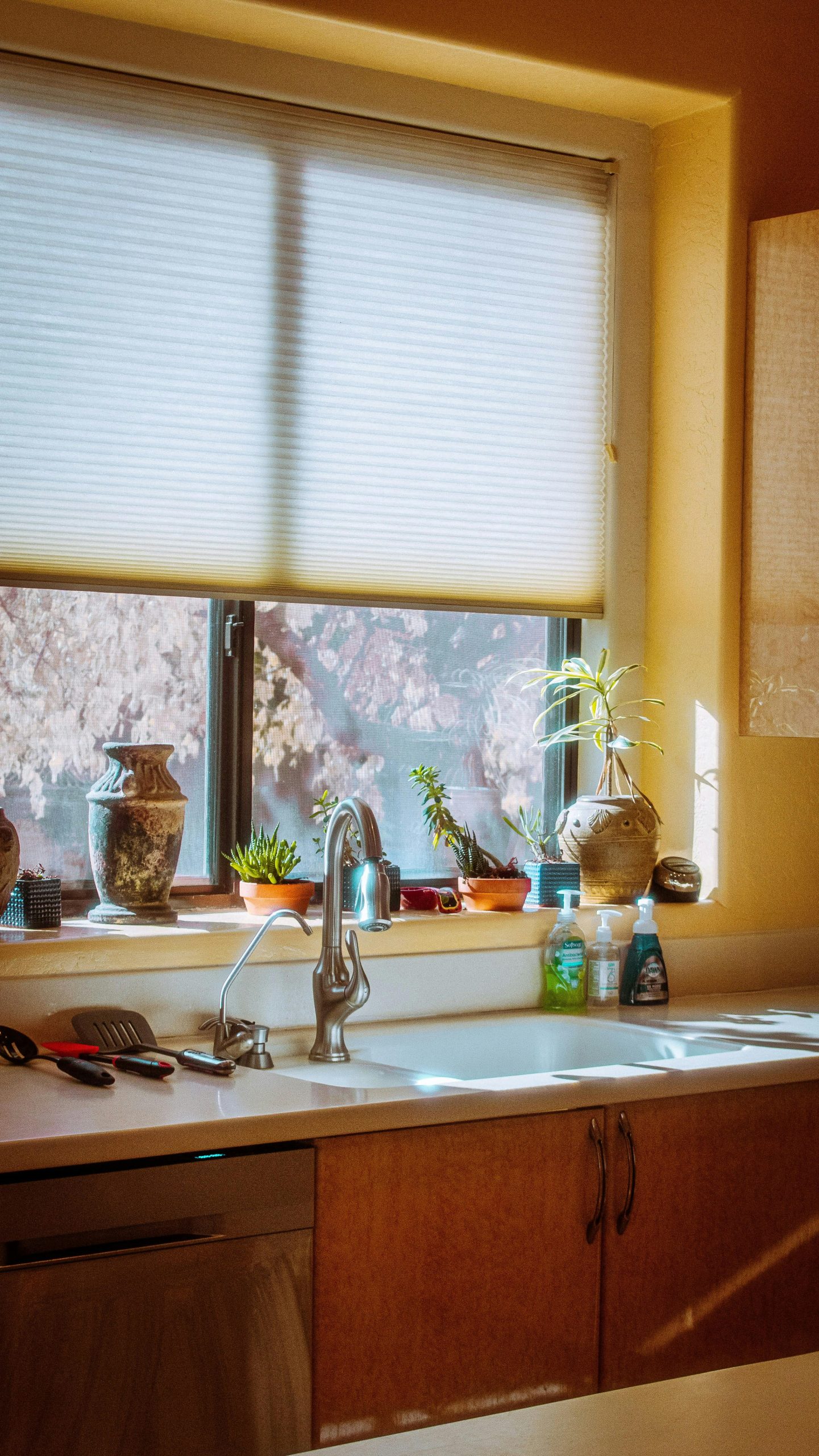 A bright kitchen interior with sunlight streaming through a window onto a modern counter and potted plants.