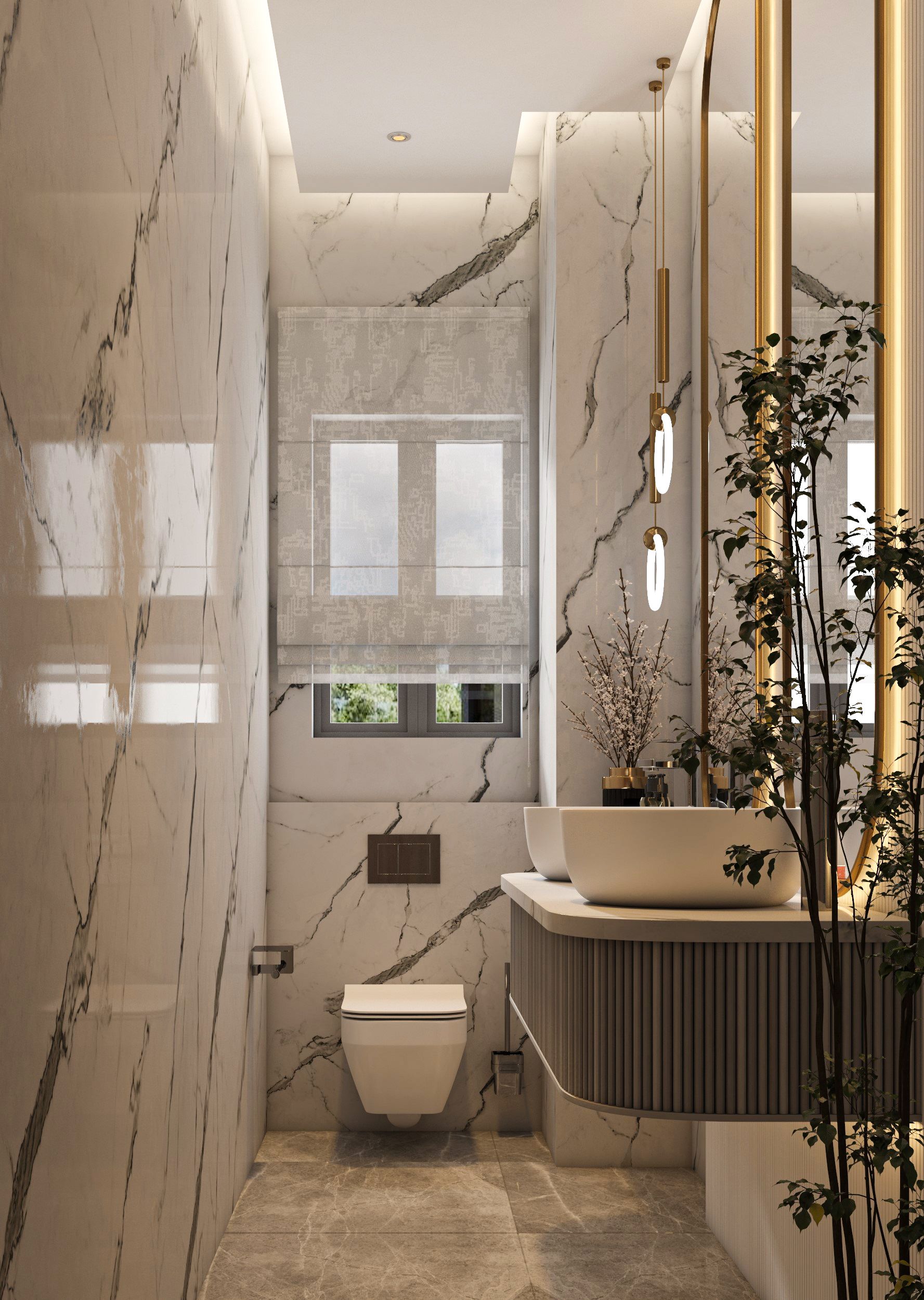 A sleek and elegant bathroom featuring marble walls, gold accents, and modern fixtures.