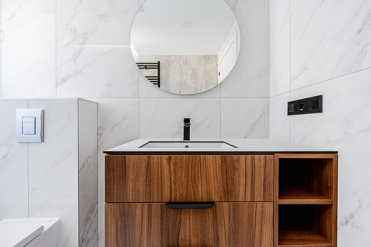 bathroom, modern, vanity, wood, mirror, round, marble, wall, contemporary, design, costa blanca, premium, home, luxury, interior, stylish, details, white, tiles, elegant, exclusive, spanish, bright, m