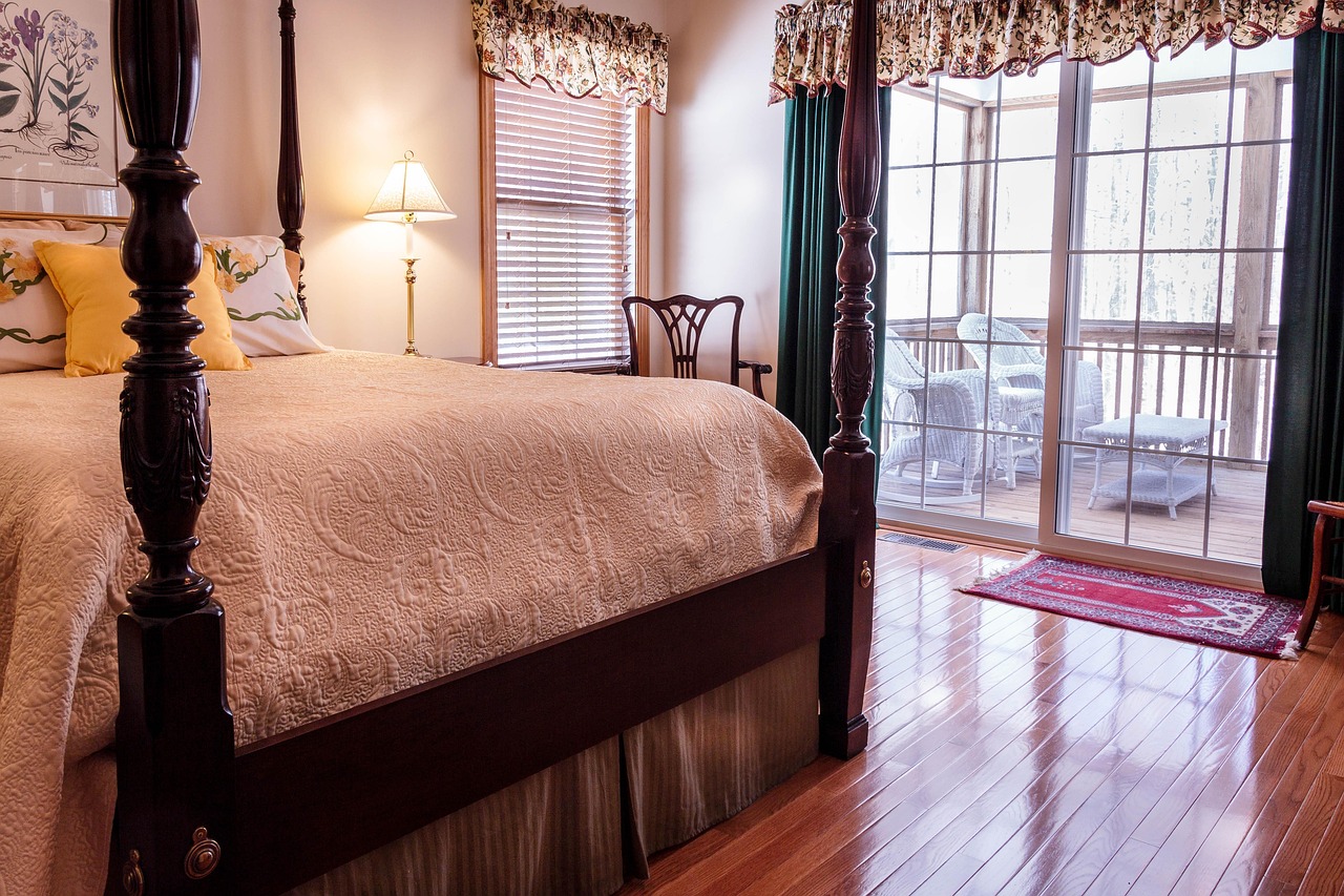 bedroom, bed, hardwood floor, curtains, drapes, sliding glass door, privacy, retreat, bedspread, pillows, windows, porch, bed skirt, four poster, rice bed, bedroom, bedroom, bedroom, bedroom, bedroom,