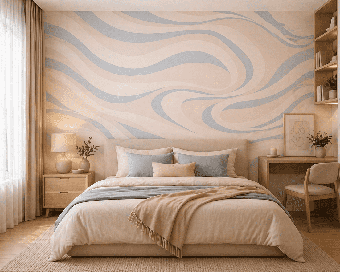 Beige Blue Wave Wallpaper for Modern Bedroom Decor | HomelineTeam