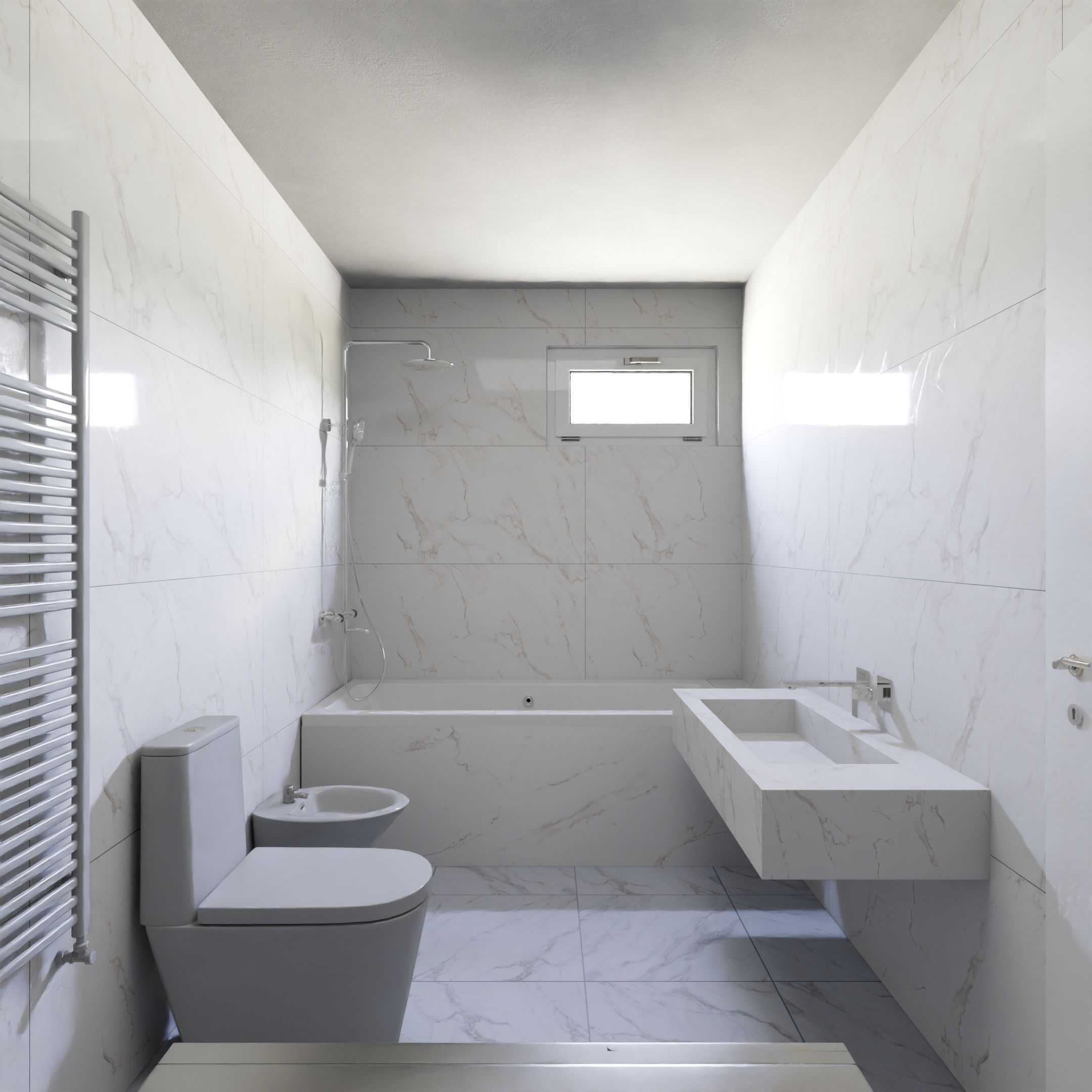 Bright white minimalist bathroom featuring modern fixtures and marble tiles.