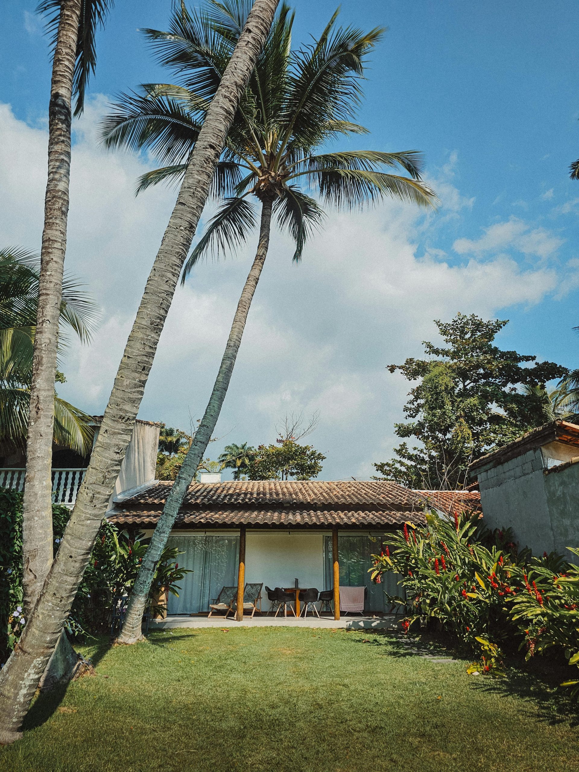 Charming beach house surrounded by palm trees and lush greenery under a clear blue sky.