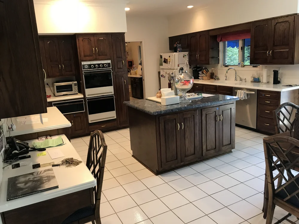 Complete Dark Wood Kitchen Corian Countertops Thermador Black Appliances & Mudroom Cabinets — Little Green Kitchens