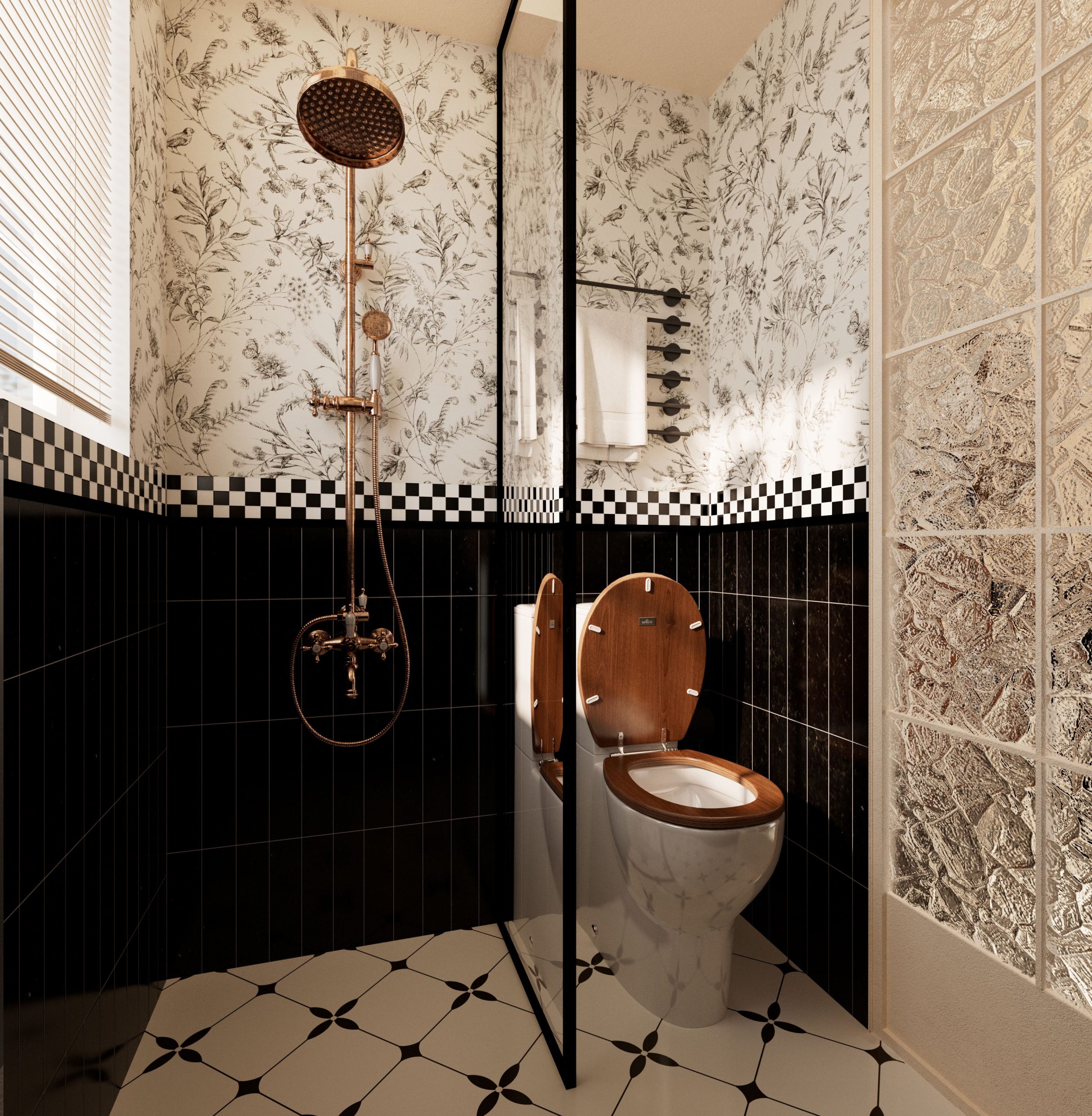 Elegant bathroom design featuring black and white tiles with vintage copper shower fixtures.
