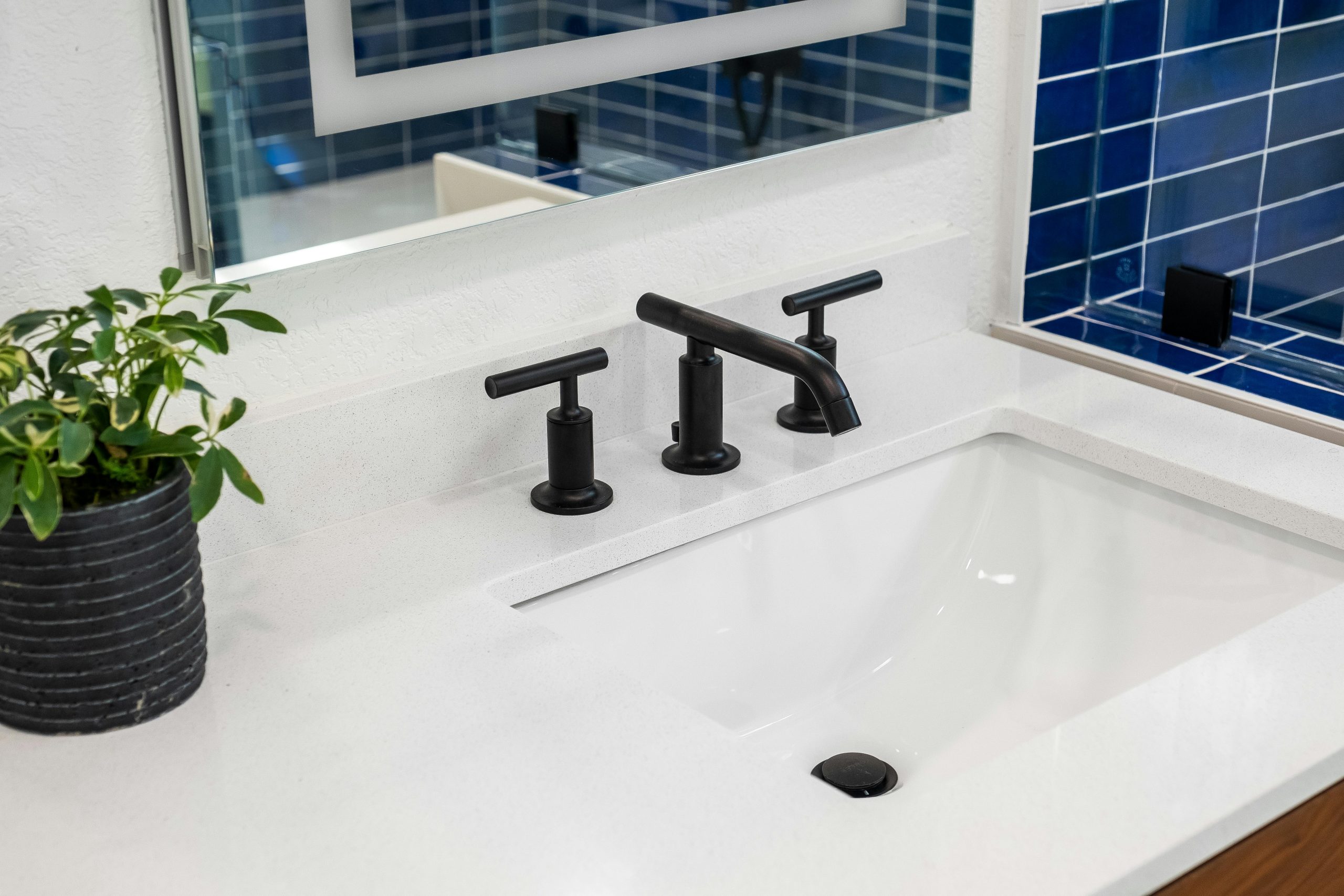 Elegant bathroom sink with black faucet and plant. Interior design inspiration.