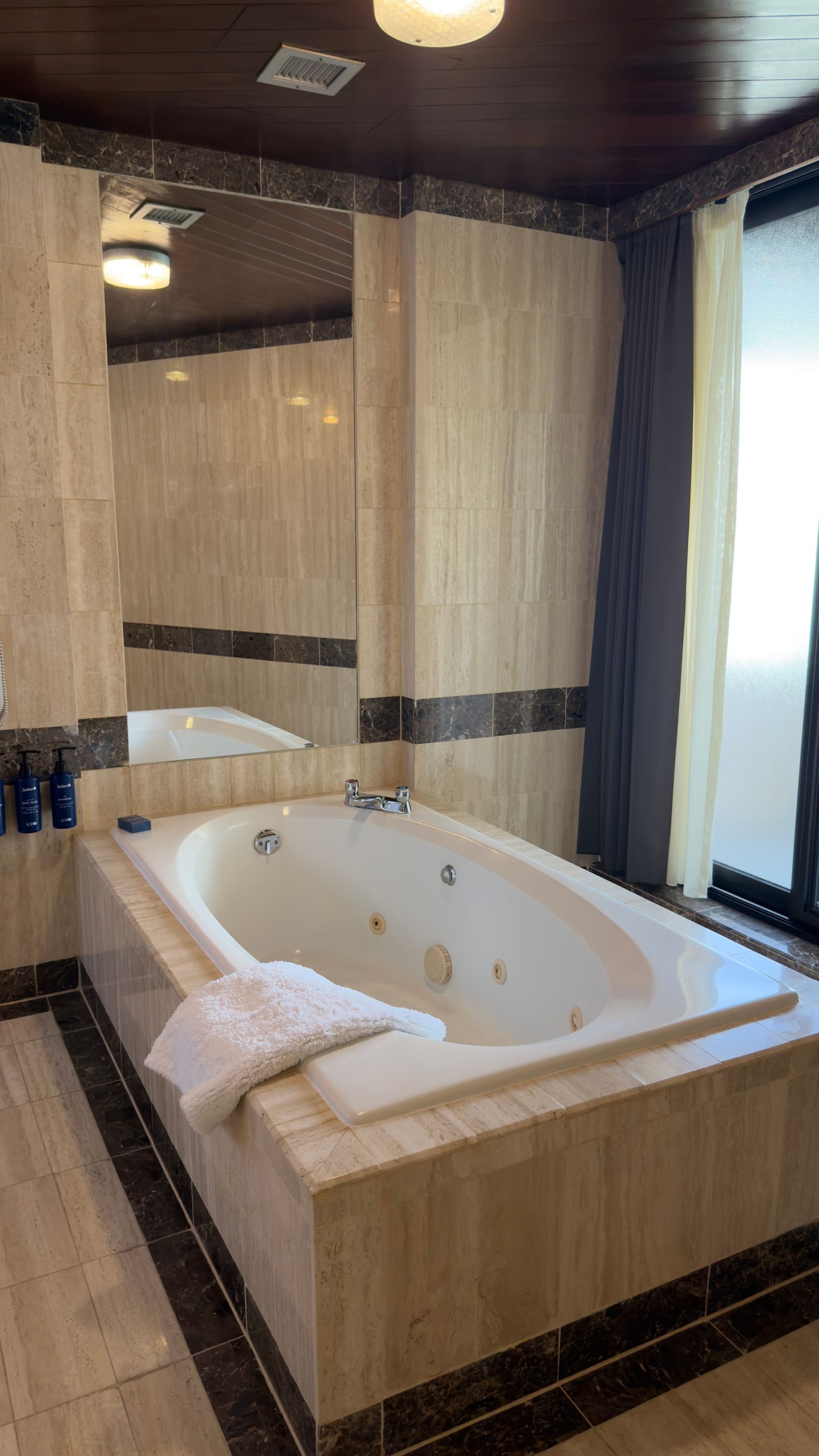 Elegant modern bathroom featuring a marble jacuzzi tub and large mirror.