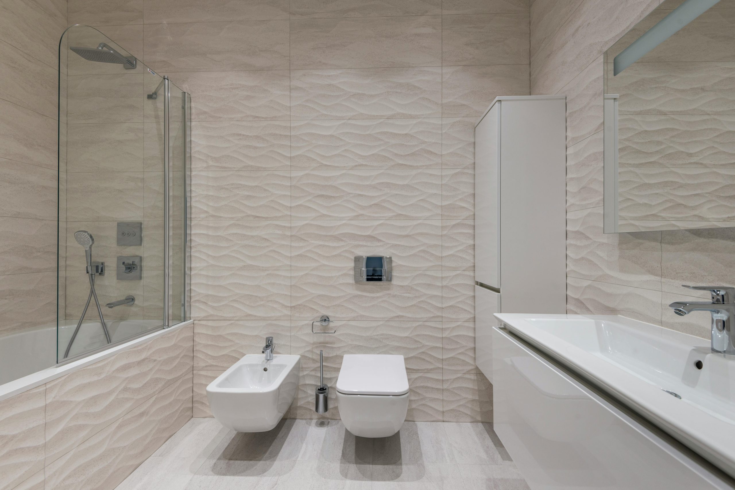 Elegant modern bathroom with minimalist design and stylish fixtures.