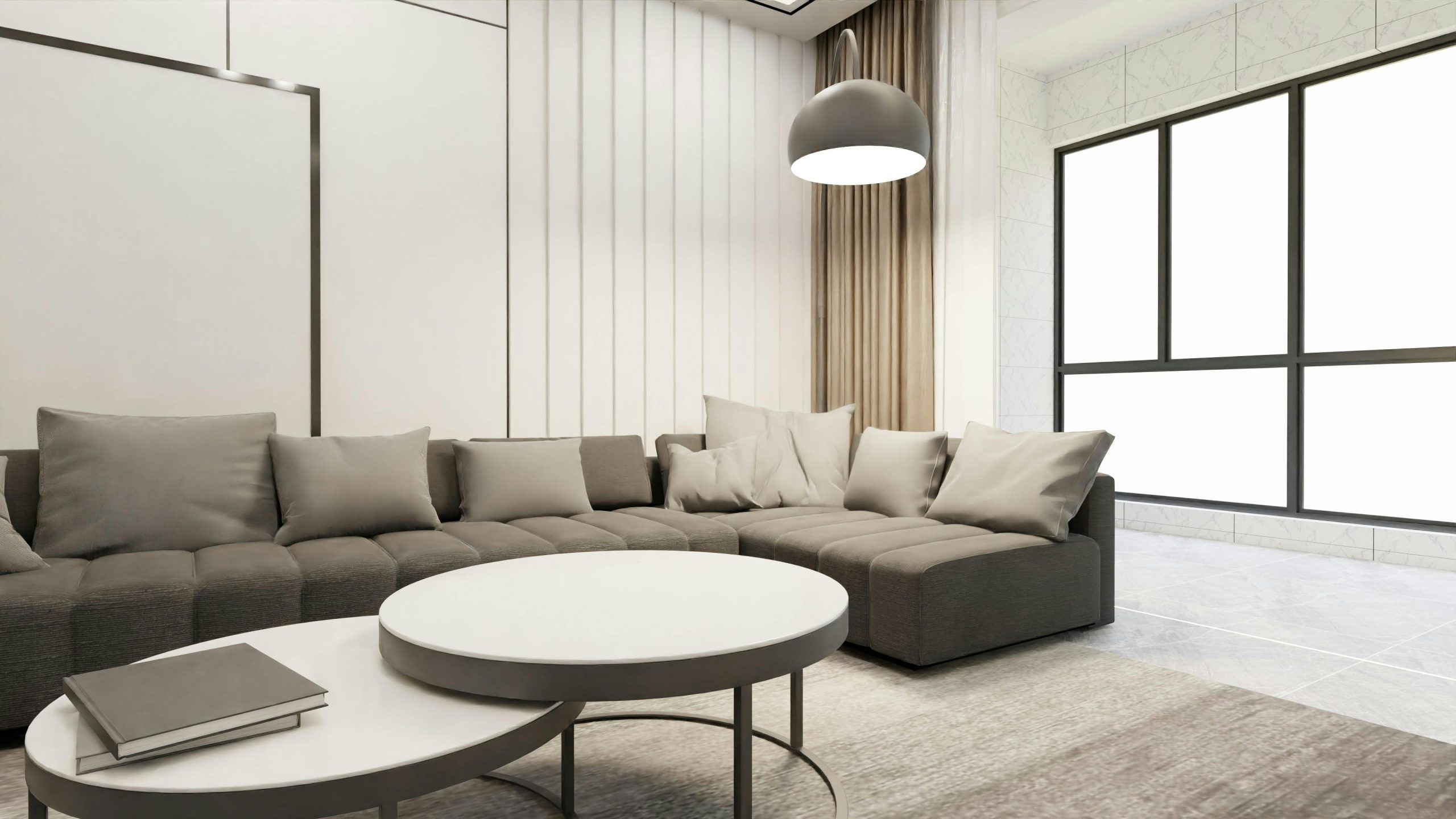 Elegant modern living room with minimalist decor and ample natural light.