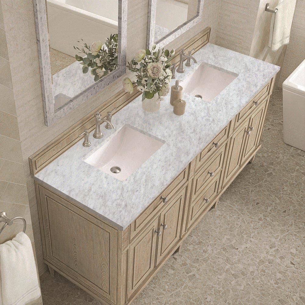 Gareth French Country Carrara Marble Whitewashed Wood Double Vanity Sink - 72' | Kathy Kuo Home