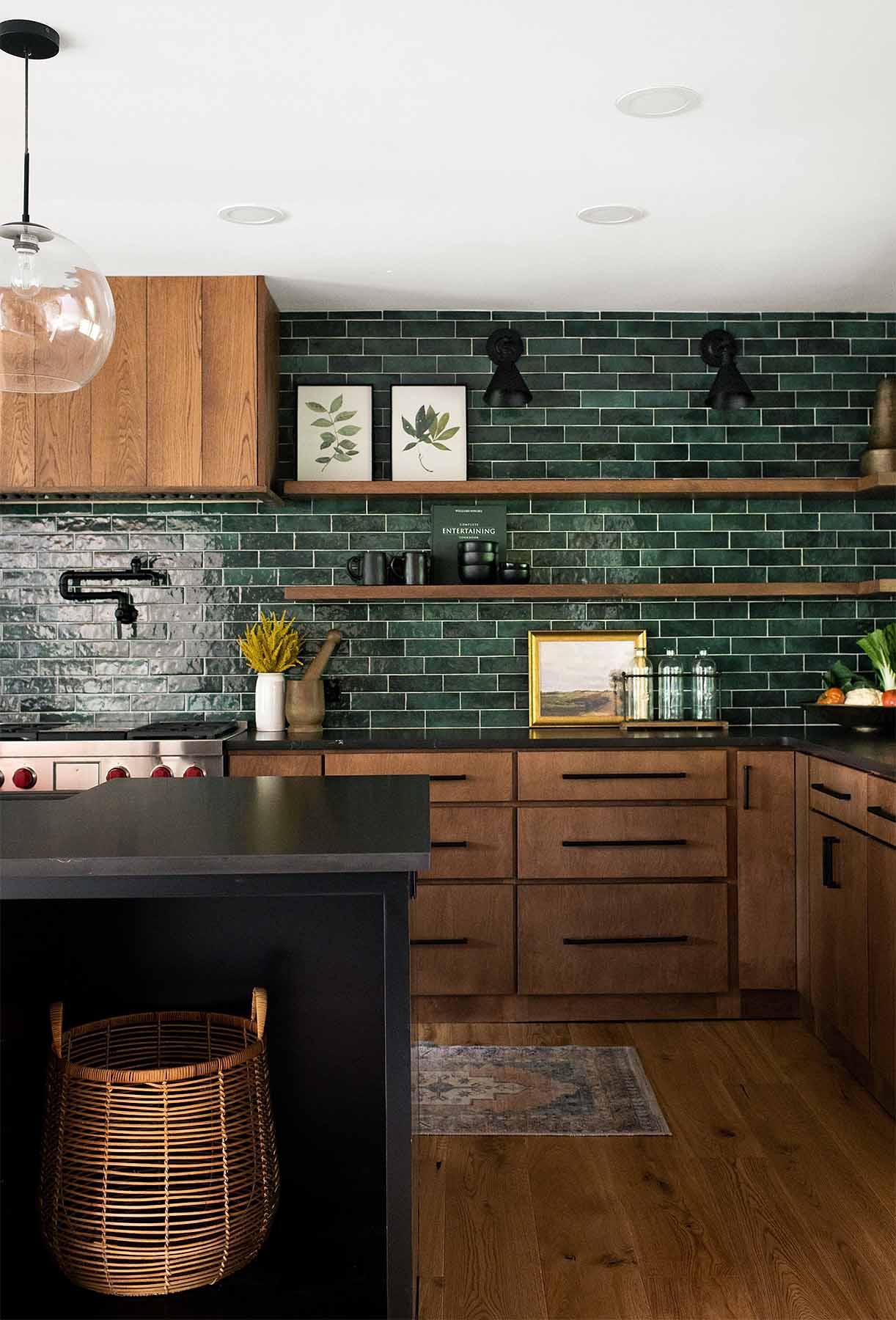 Kitchen renovation with green glazed ceramic tile full-wall backsplash. Atlanta, Georgia. By HouseLift Design. : r/InteriorDesign