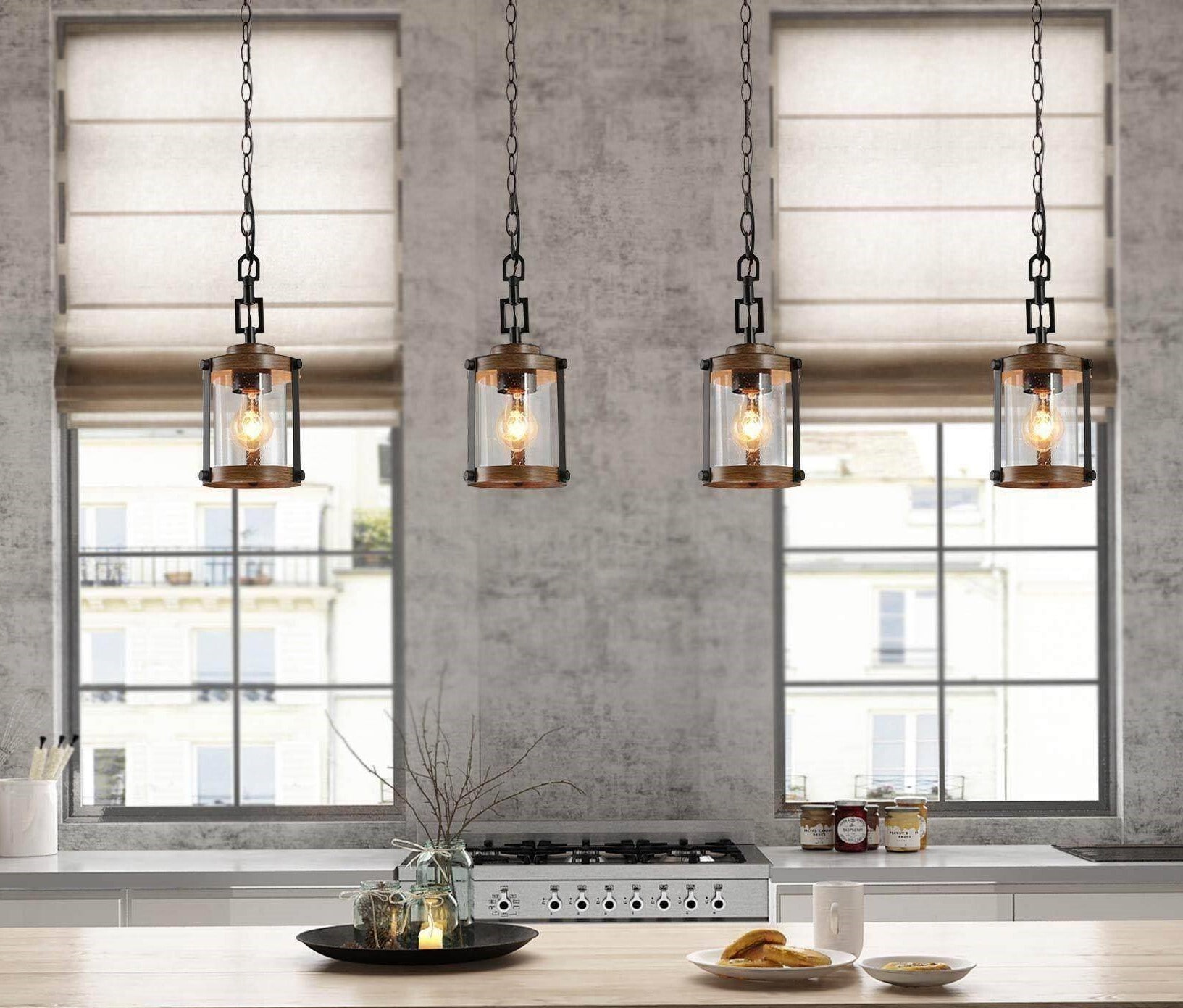 Lnc Corta 1-Light Black Modern Farmhouse Hanging Pendant Island Ceiling Light with Cylinder Seeded Glass Faux Wood Accent