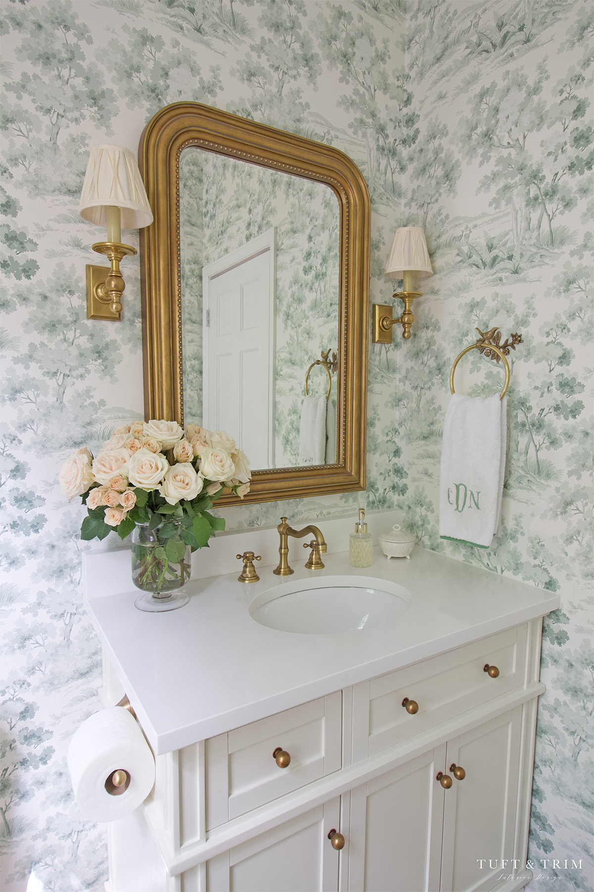 Powder Bathroom with Toile Wallpaper - Tuft & Trim