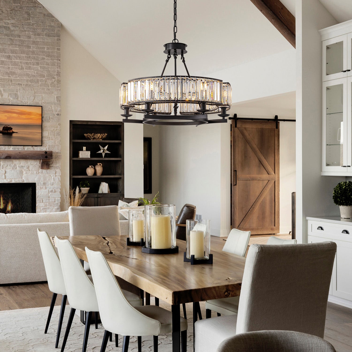 Round Modern Rustic Farmhouse Crystal Chandelier - Pendant Light | Sofary Lighting