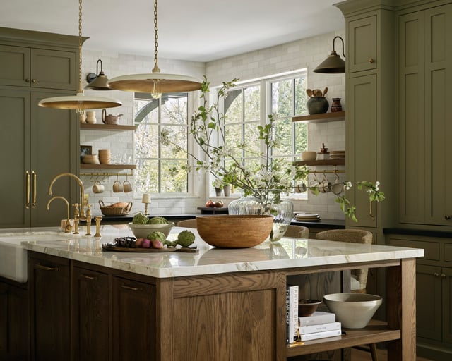 Sage cabinetry kitchen with a dark oak stained island in a country home, Alton, Ontario, Canada. By Tiffany Leigh Design. : r/InteriorDesign