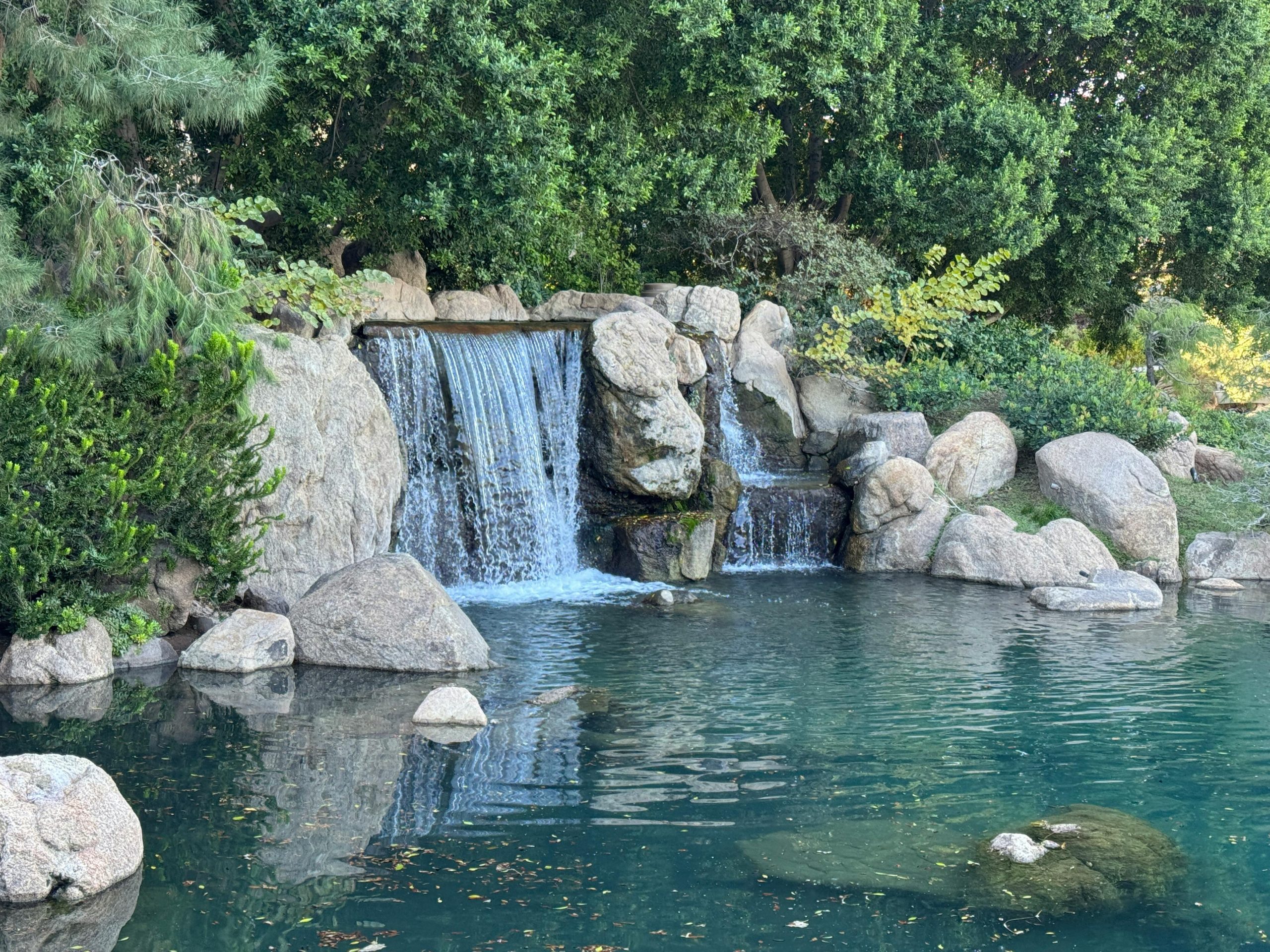 Serene waterfall cascading over rocks in a lush Seattle park setting.