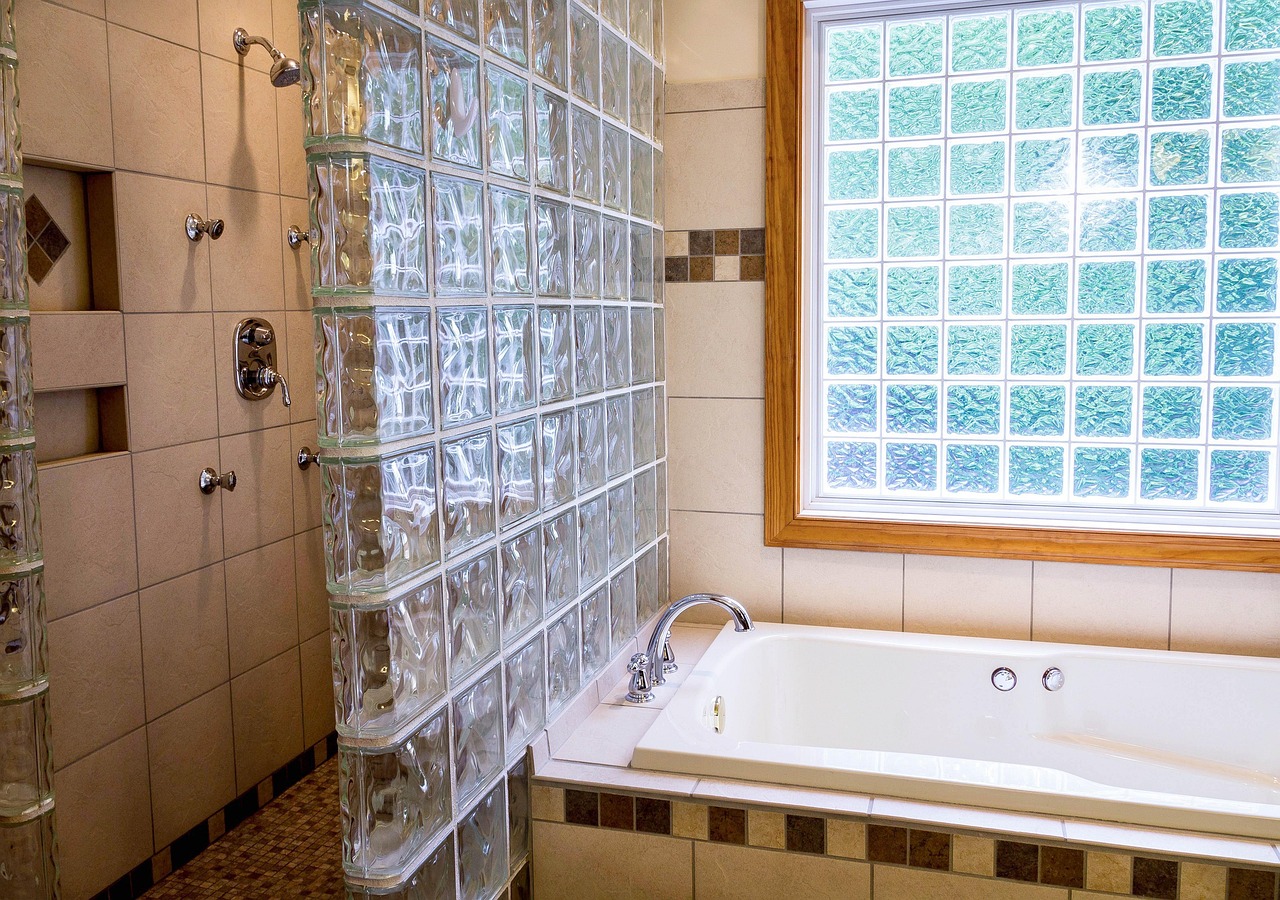 shower, tub, bathroom, ceramic tile, glass blocks, window, spa, bath, bathtub, shower jets, brown window, brown glass, brown bathroom, brown glasses, brown spa, brown shower, shower, shower, shower, s
