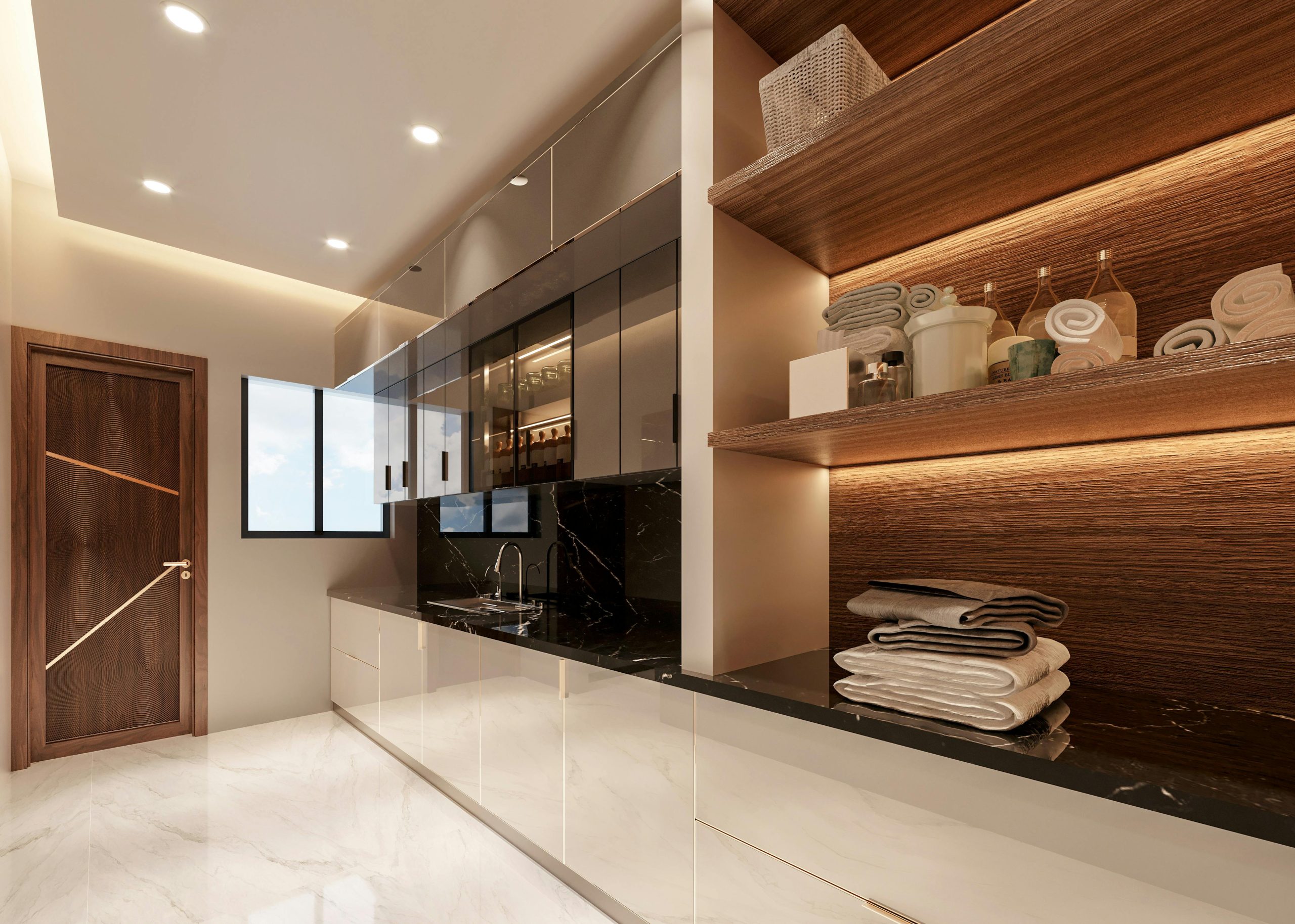 Sleek modern kitchen interior with glossy surfaces, wooden accents, and abundant natural lighting.