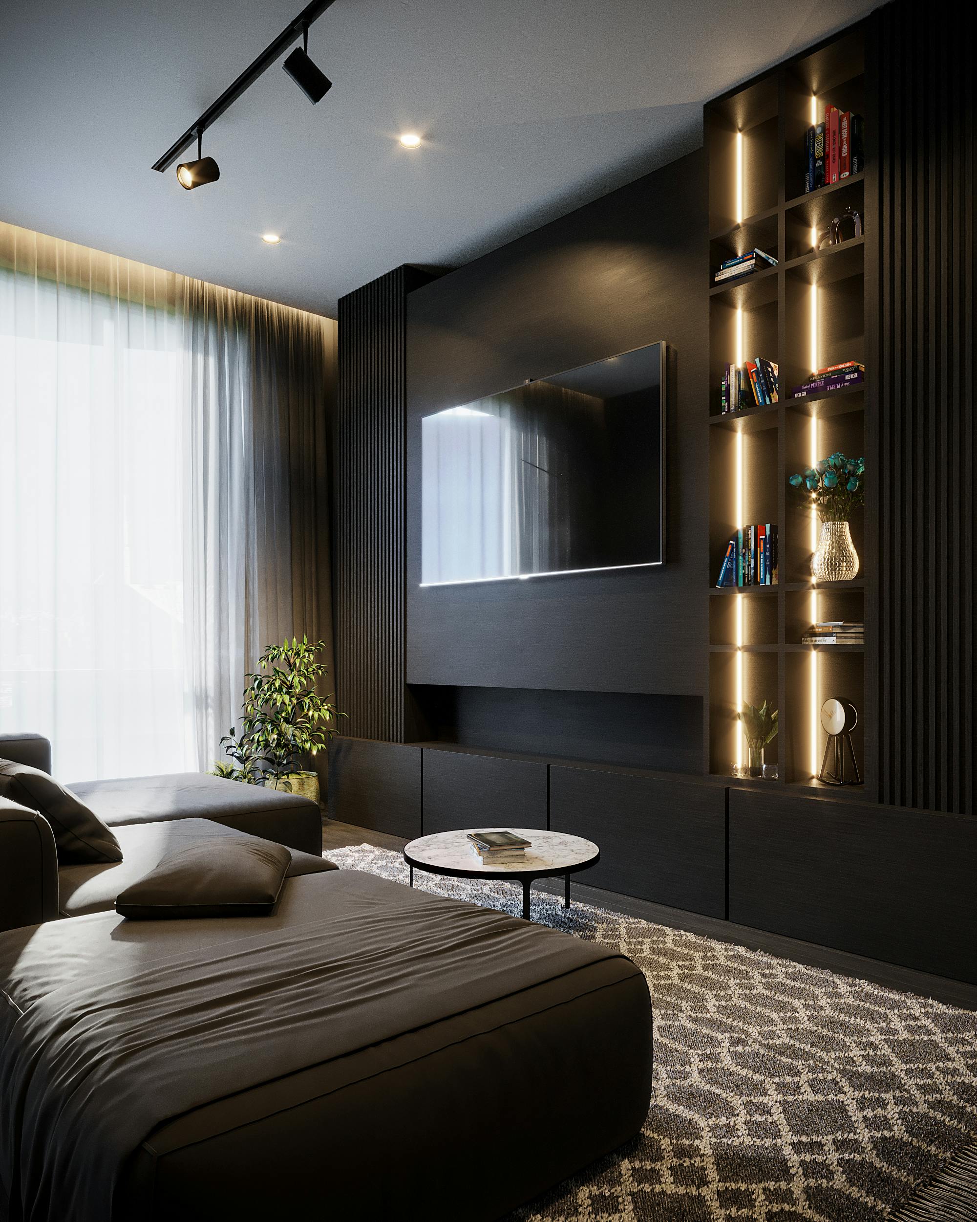 Sleek modern living room featuring dark tones and elegant furnishings with ambient lighting.