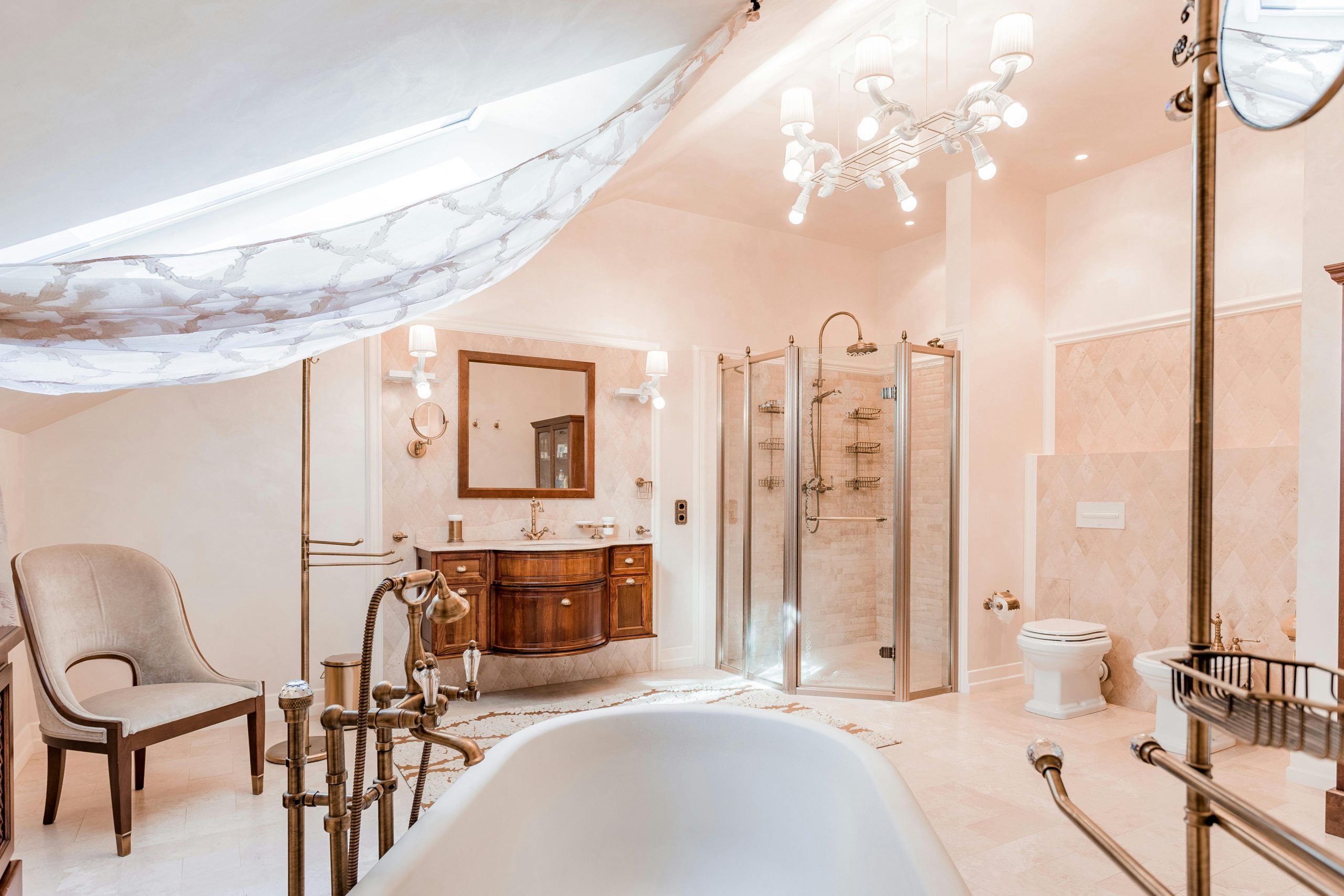 Spacious and luxurious bathroom featuring elegant fixtures and stylish interior design.
