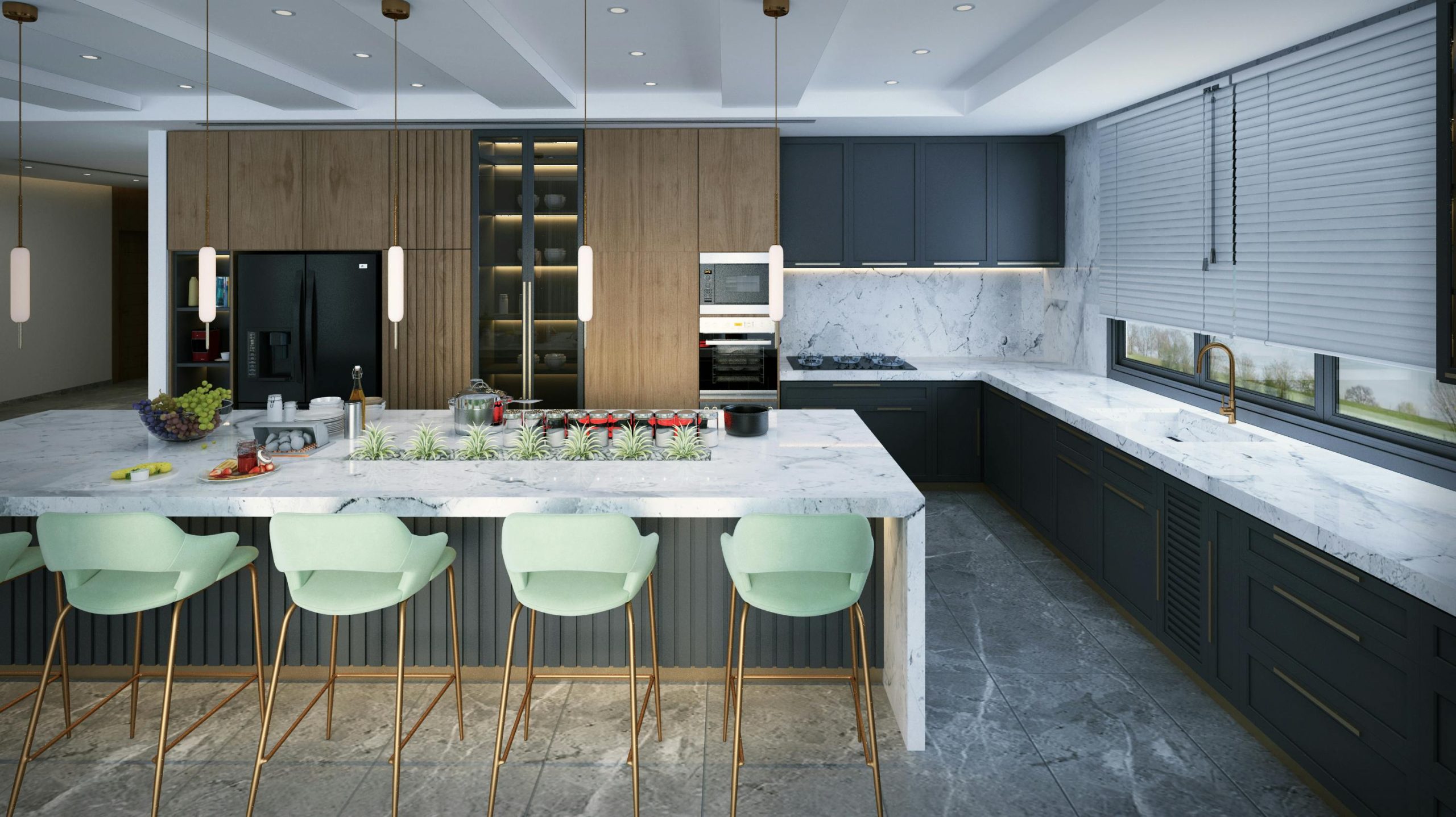 Spacious modern kitchen featuring marble countertops, mint green bar stools, and elegant pendant lighting.