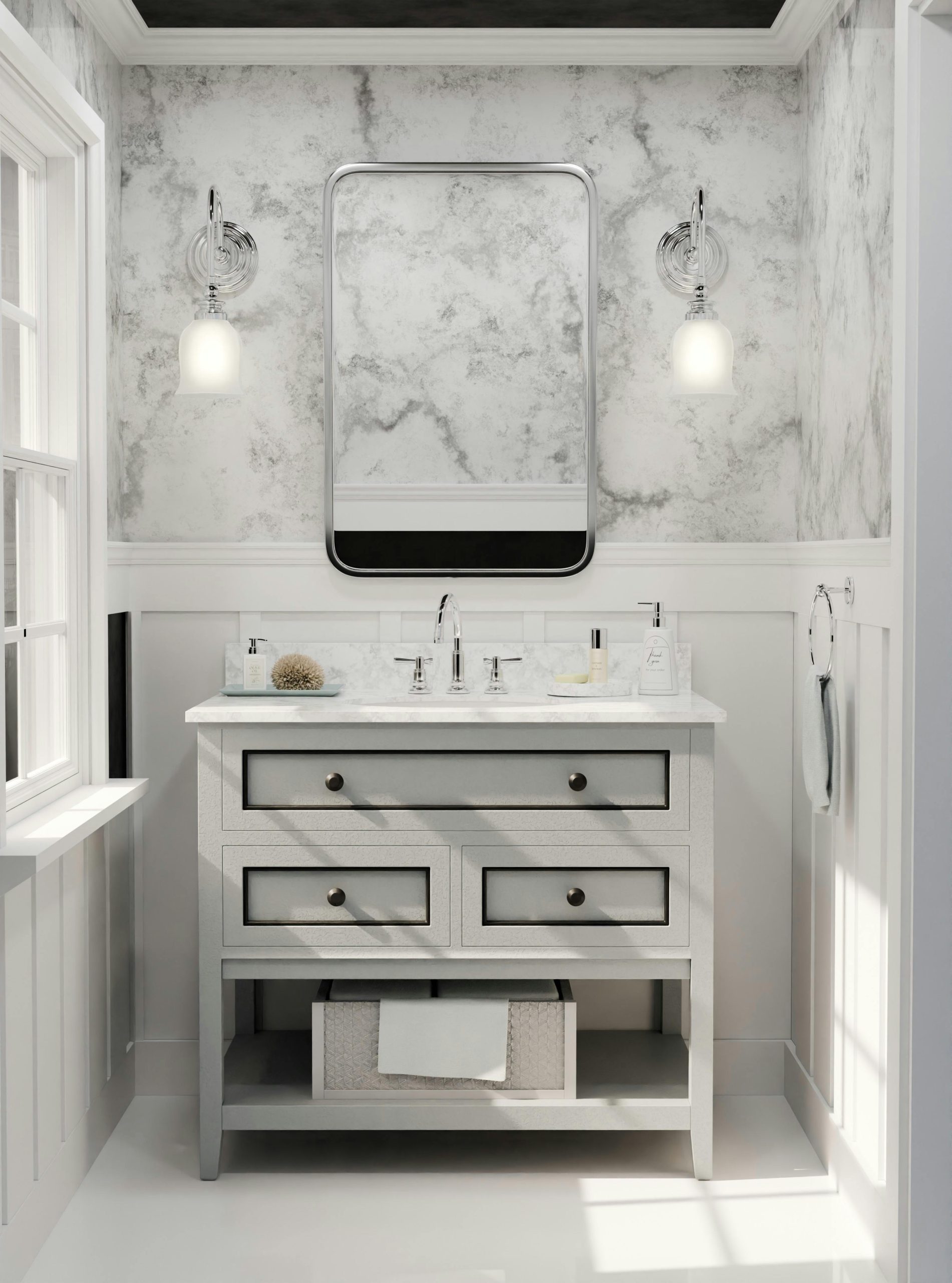 Stylish bathroom featuring a marble backsplash and modern vanity.
