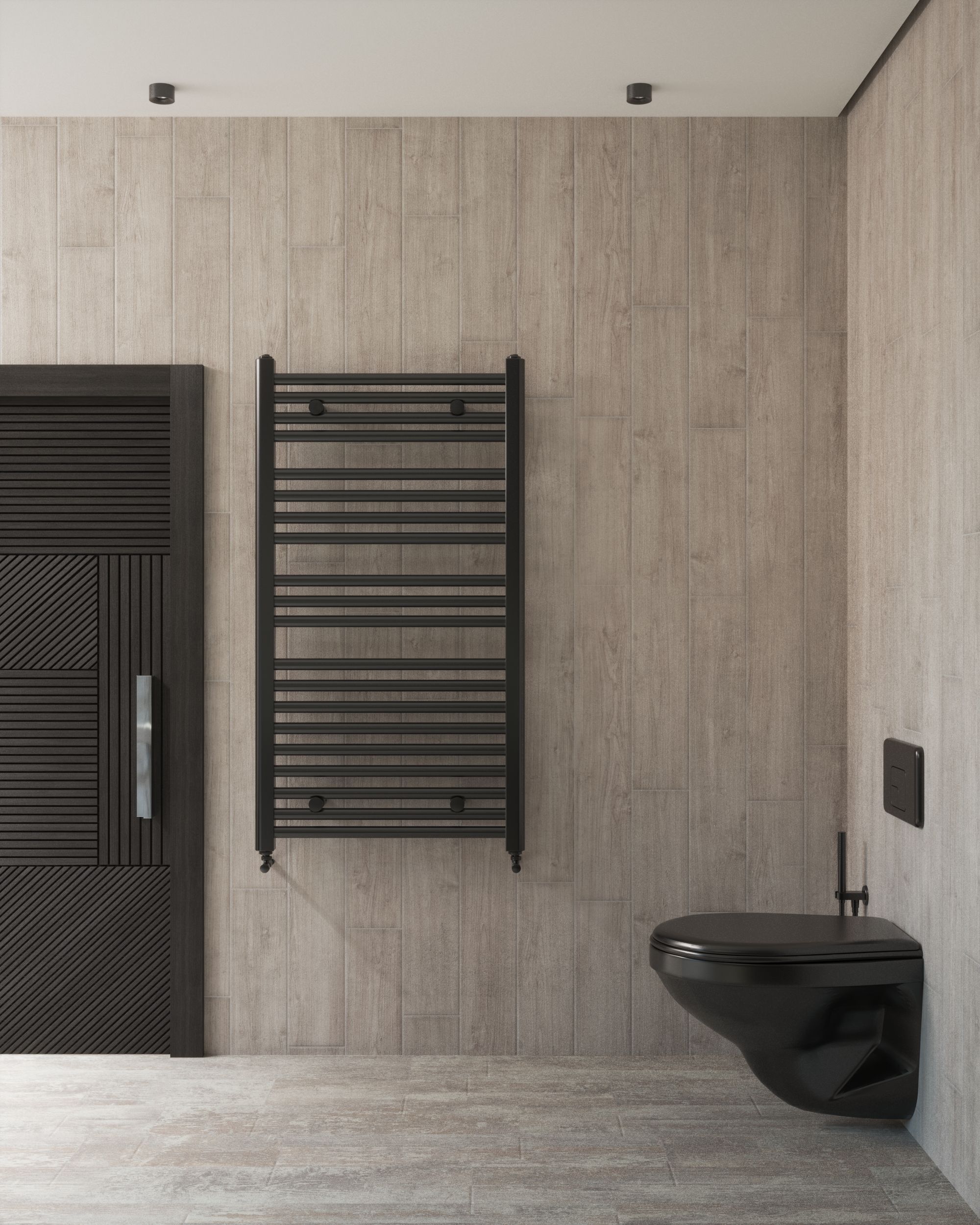 Stylish bathroom with black fixtures and wooden panel walls for a sleek, modern look.