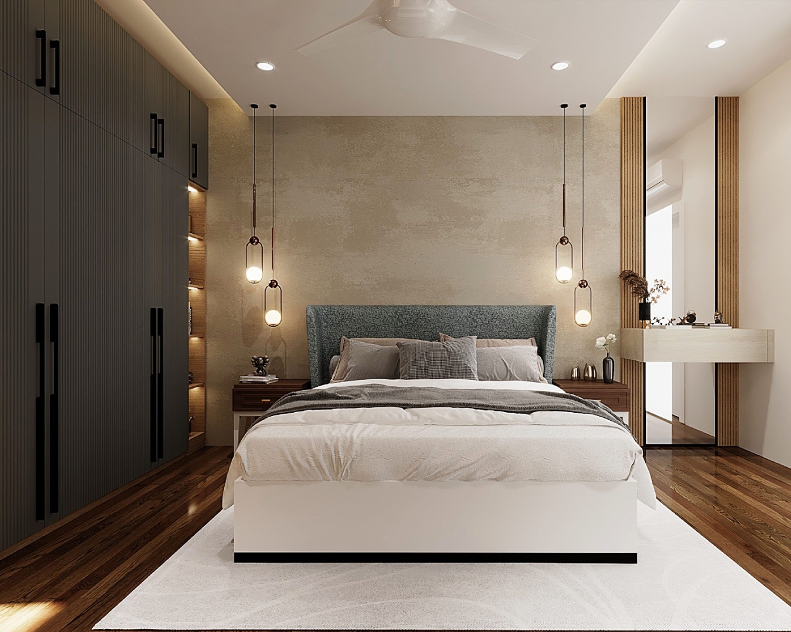 Stylish Modern Master Bedroom Design: King Bed, Cream Wallpaper, and Ample Storage | Livspace