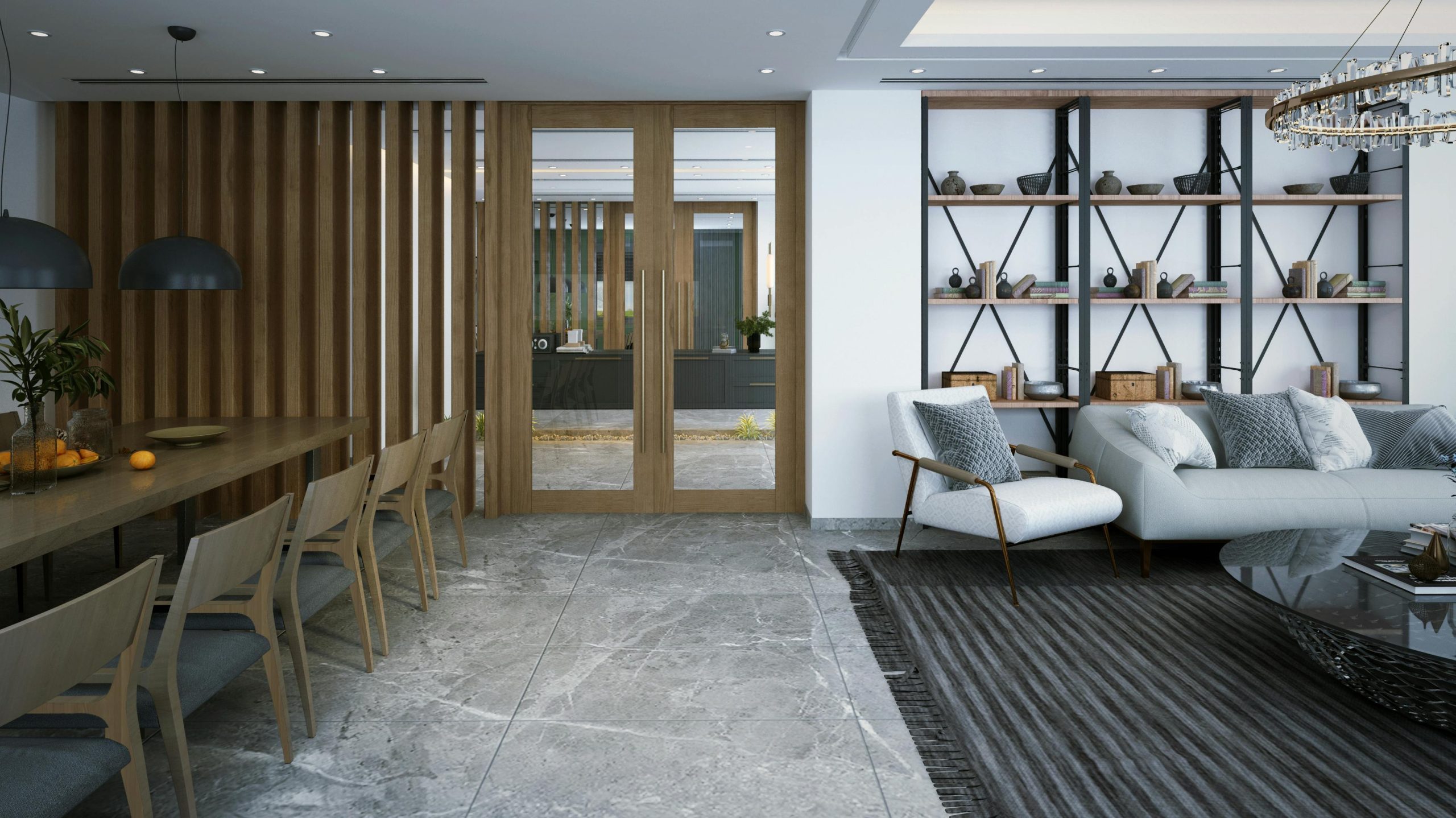 Stylish open-plan living and dining area with modern decor and elegant furnishings.