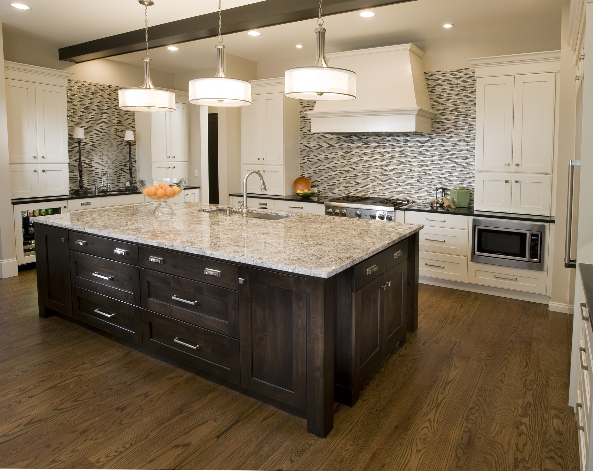 Transitional Painted Kitchen with Dark Wood Island - Crystal Cabinets