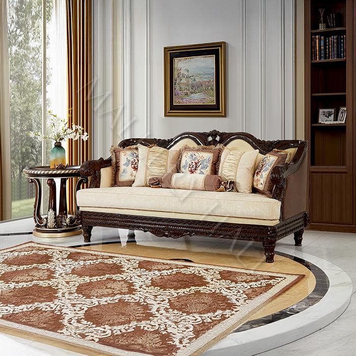 Tuscan Dark Brown Leather & Fabric Carved Medallion Sofa Set