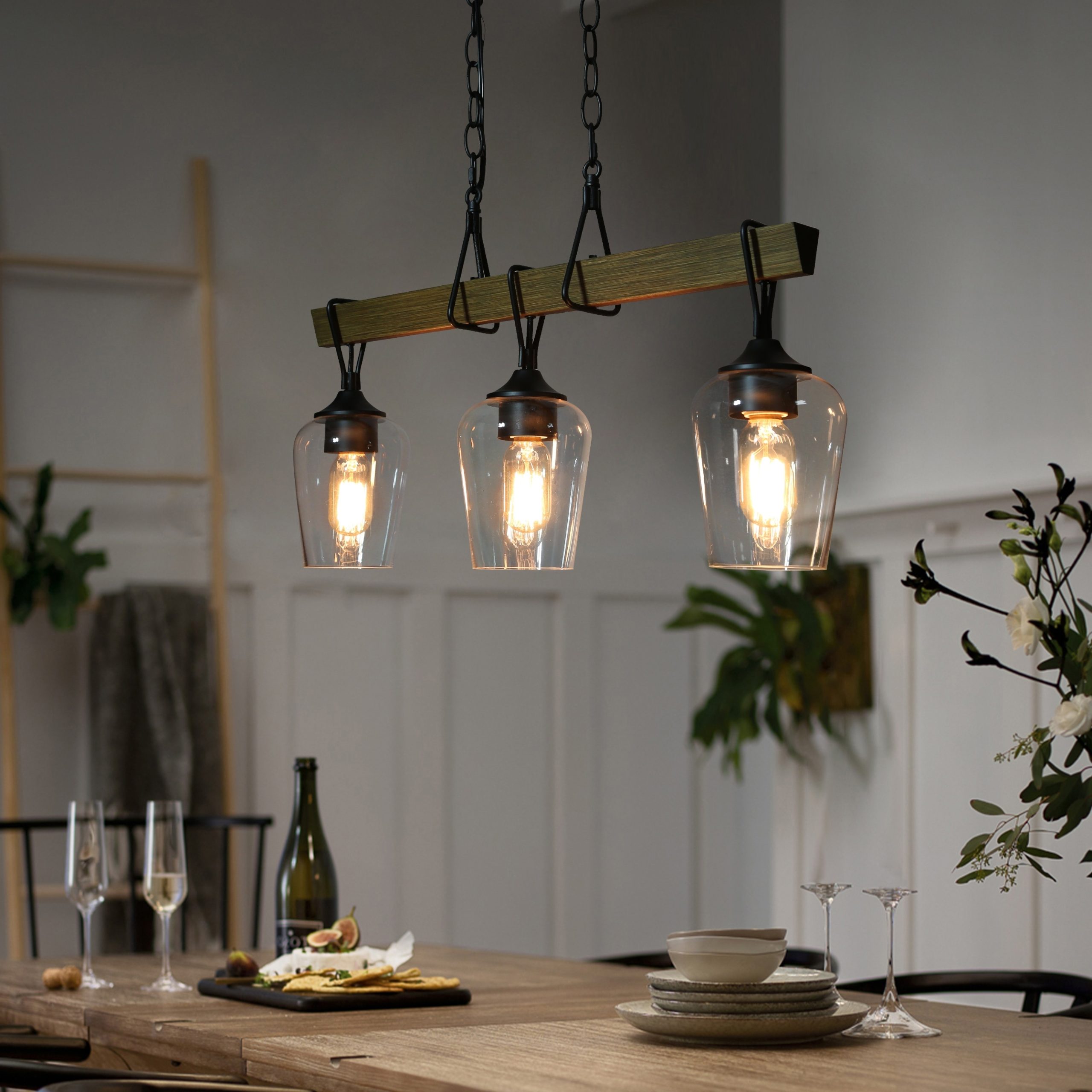 Zarbel Modern Farmhouse Glass Linear Chandelier Rustic 3-Light Black Metal Small Kitchen Island Lights - L25'X W 5'x H 76'
