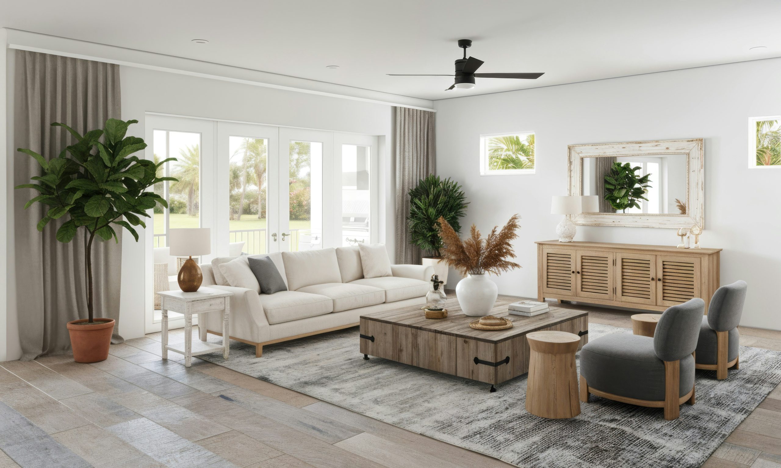 A bright and inviting living room designed with a modern coastal aesthetic. This beautifully rendered interior features a comfortable off-white sofa facing a rustic wooden coffee table, complemented b
