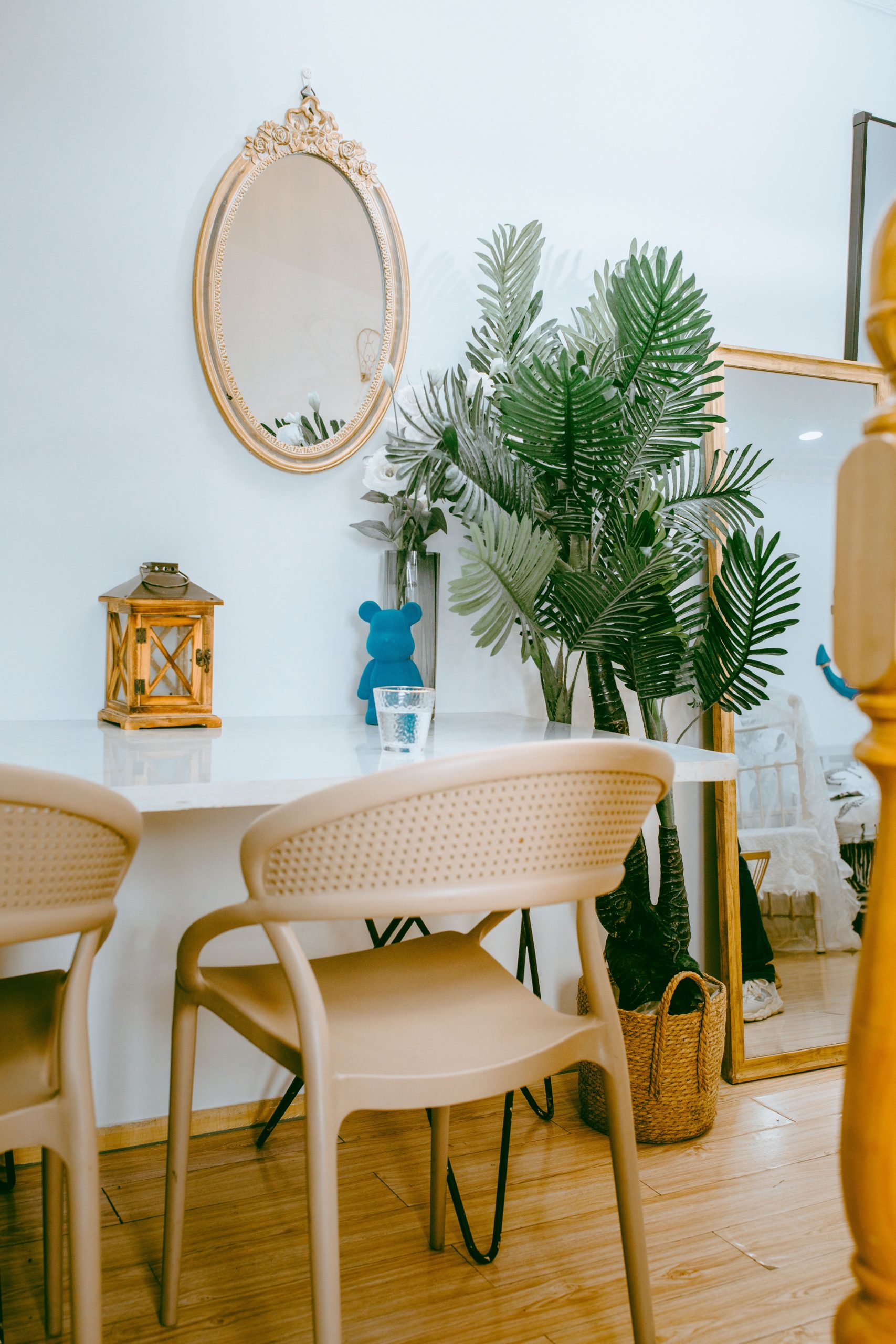 A chic minimalist interior featuring chairs, mirrors, and lush green potted plants, creating a serene atmosphere.