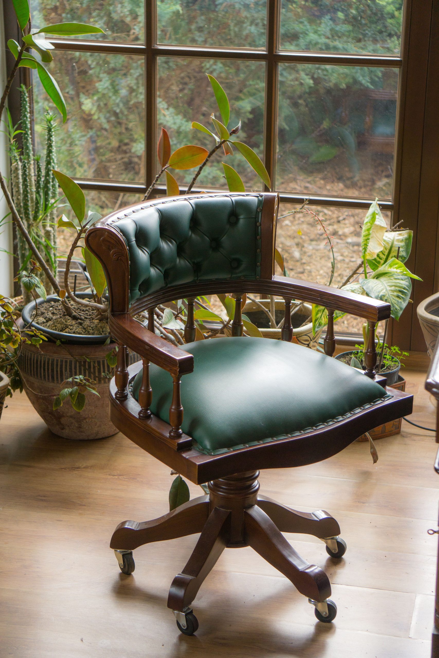 A classic vintage green leather chair by a sunny indoor window with lush plants.